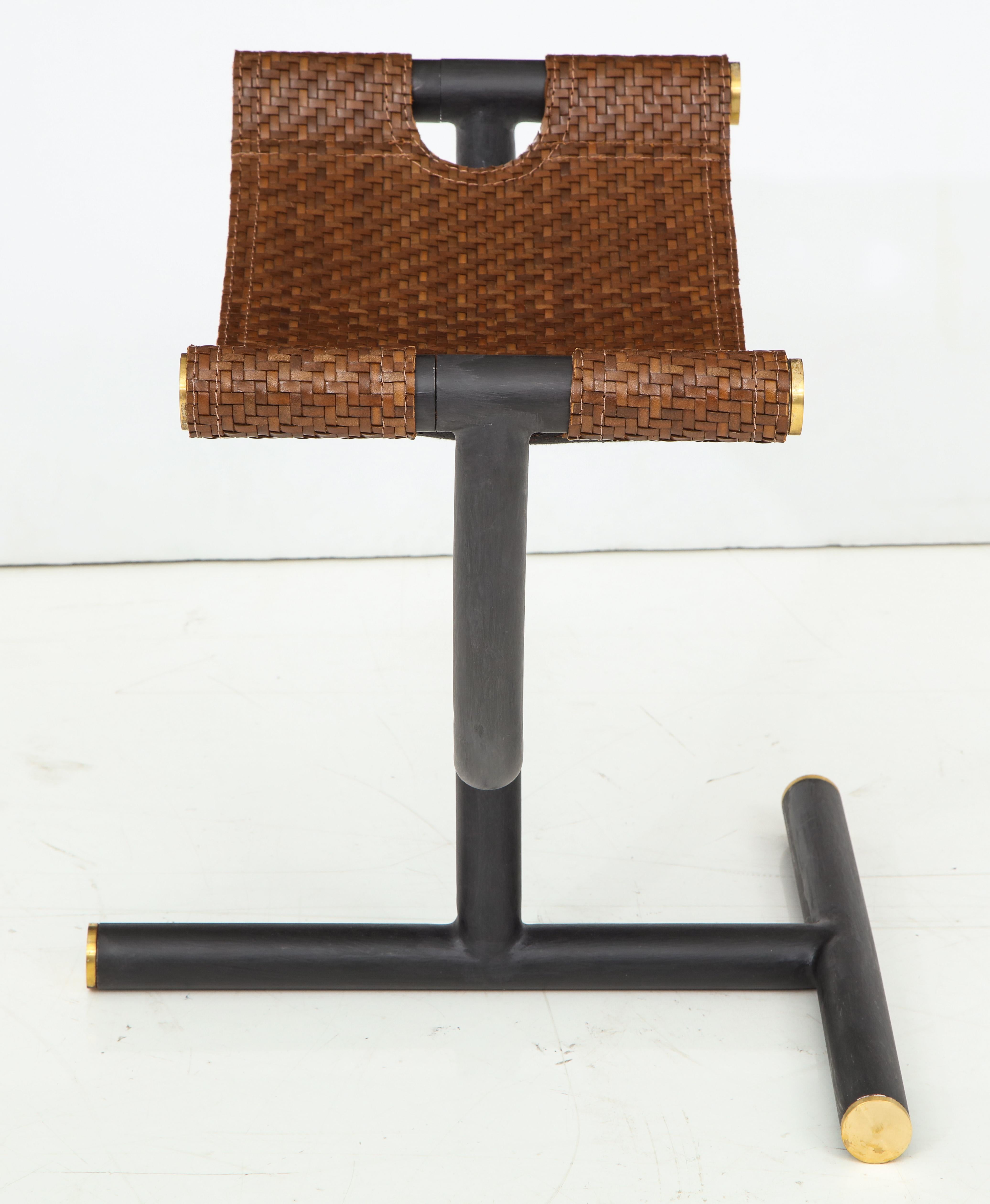Pair of Woven Leather and Steel with Brass Stools, Italy, circa 1980 9