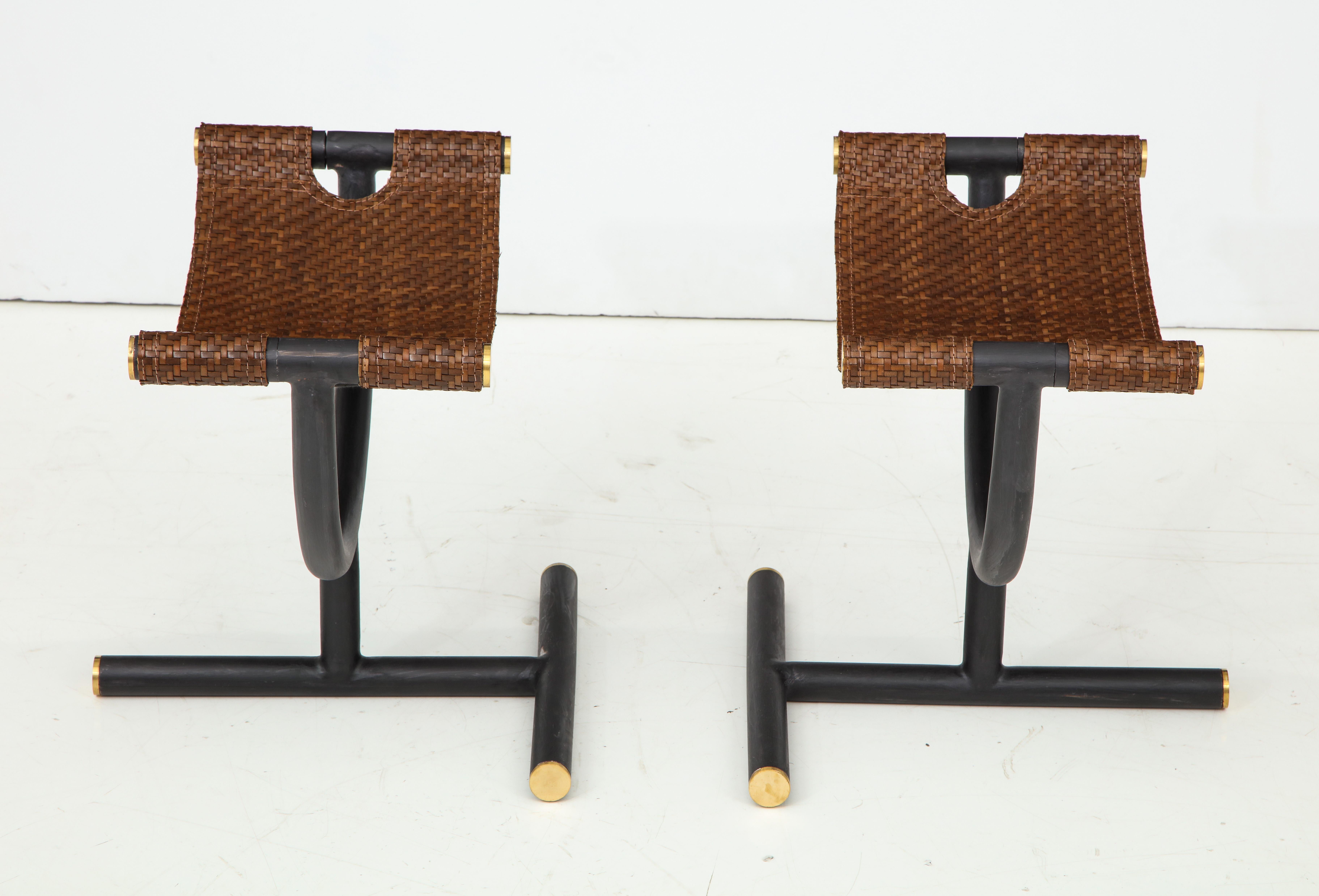 Italian Pair of Woven Leather and Steel with Brass Stools, Italy, circa 1980
