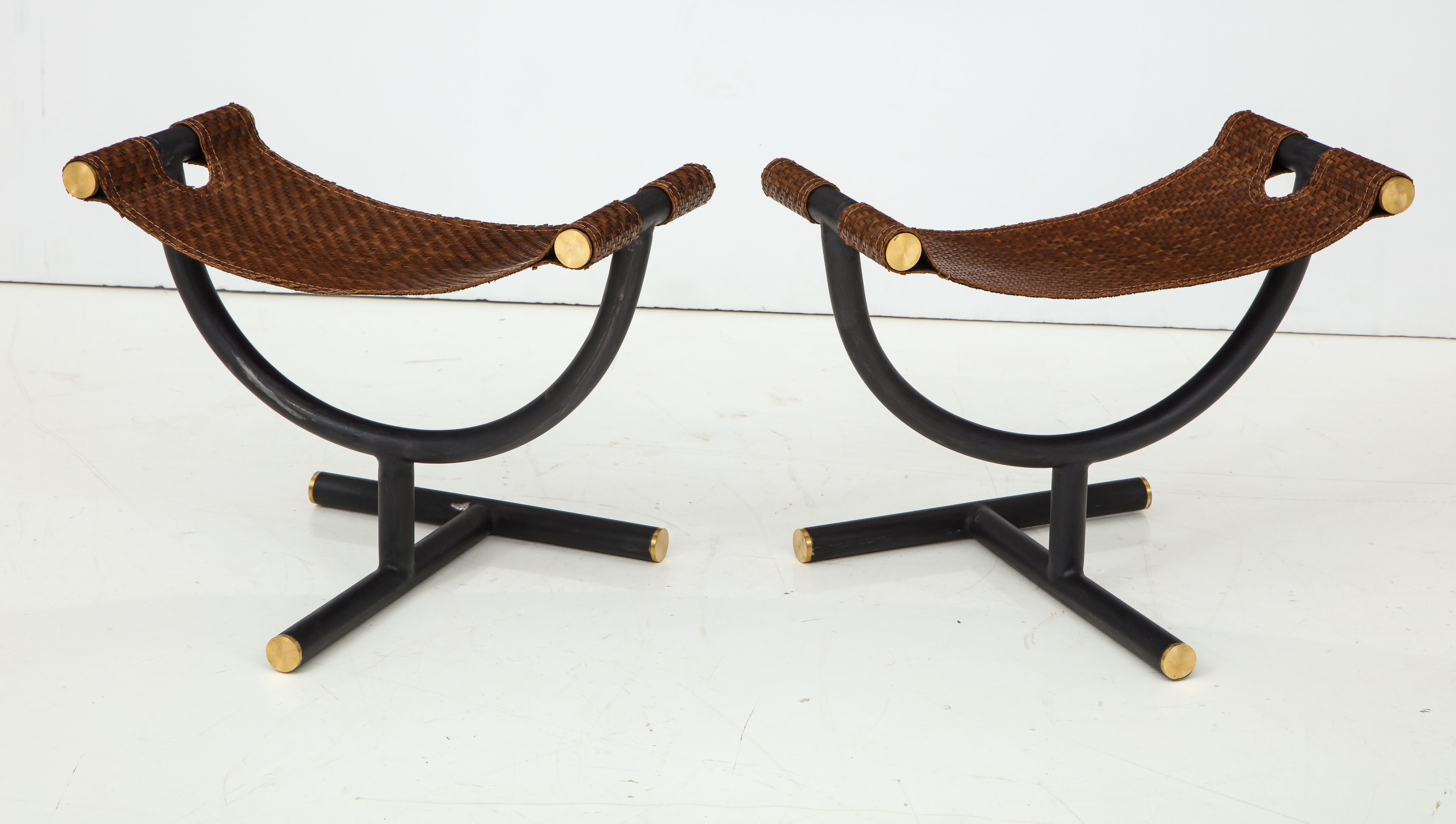 Pair of Woven Leather and Steel with Brass Stools, Italy, circa 1980 In Good Condition In New York, NY
