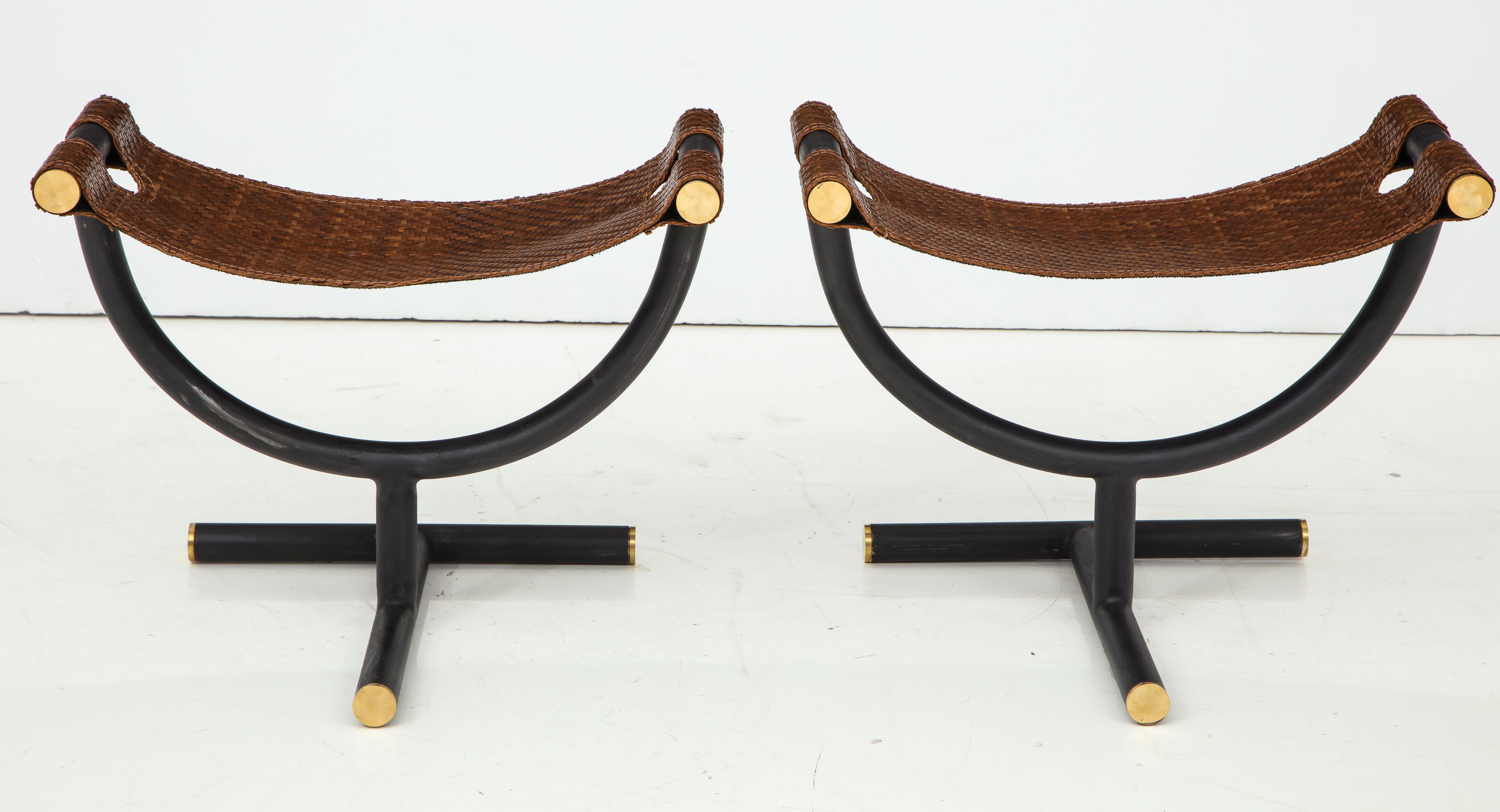 20th Century Pair of Woven Leather and Steel with Brass Stools, Italy, circa 1980