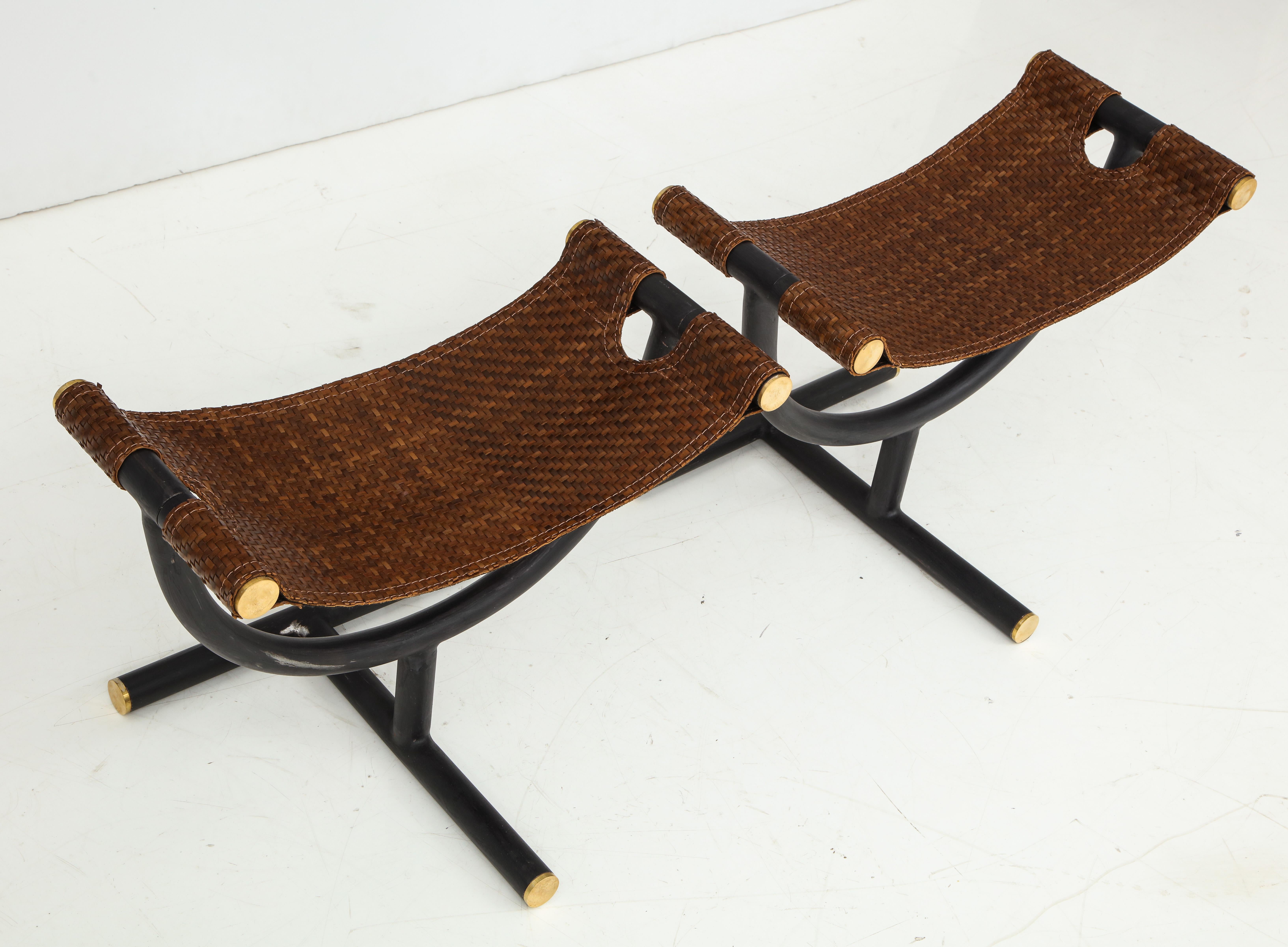 Pair of Woven Leather and Steel with Brass Stools, Italy, circa 1980 1