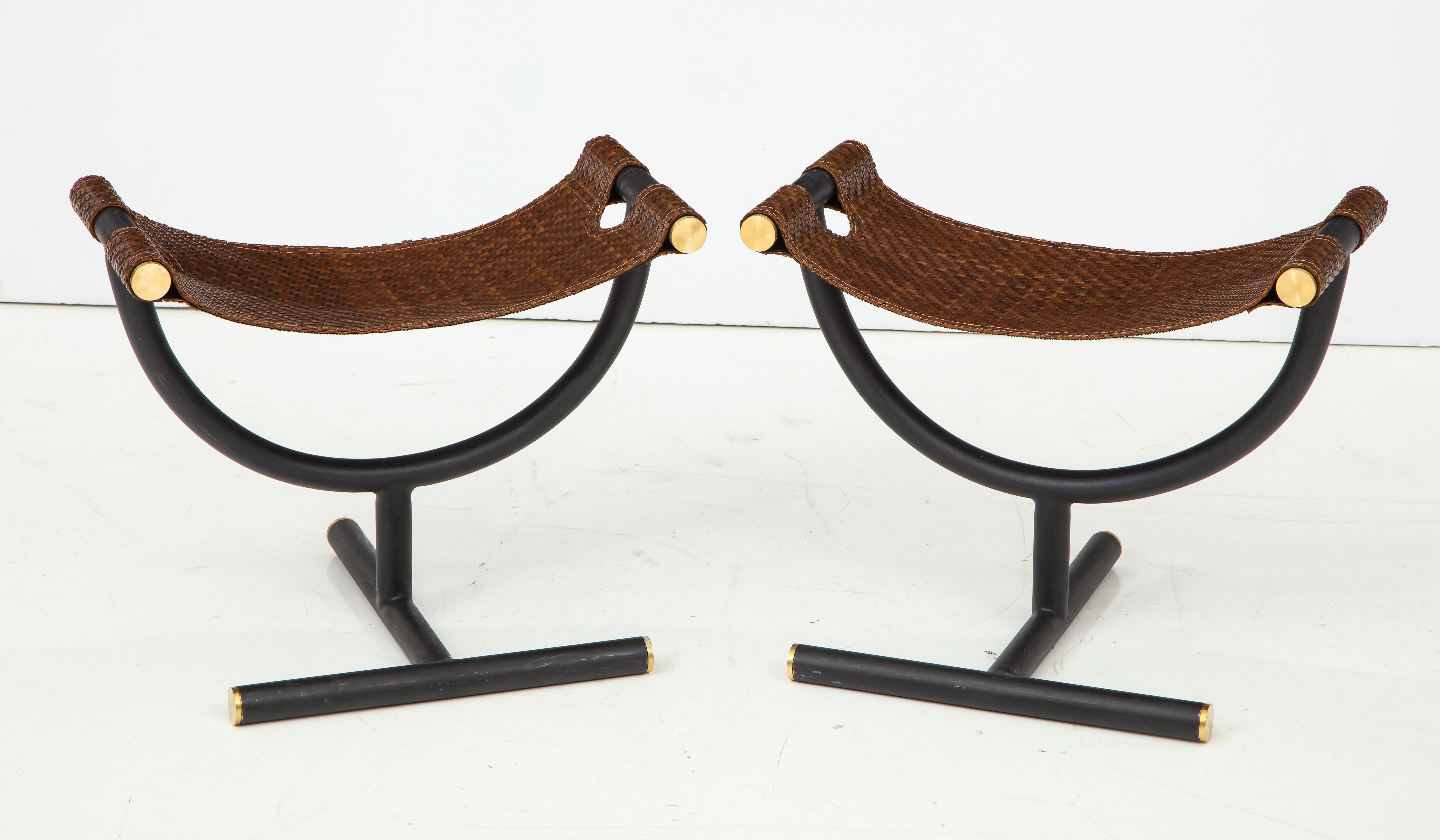 Pair of Woven Leather and Steel with Brass Stools, Italy, circa 1980 3