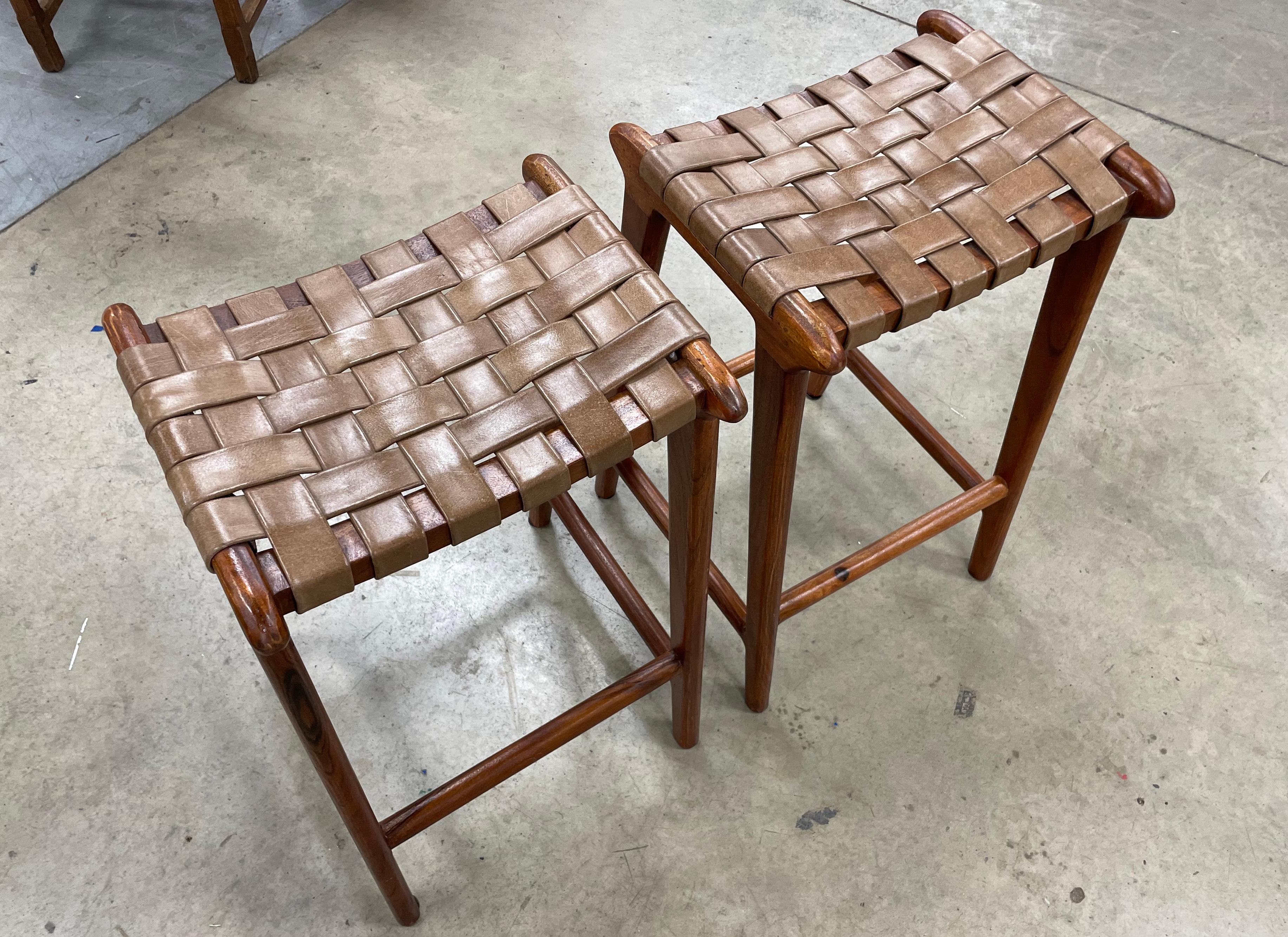 Mid-Century Modern Pair of Woven Leather Bar Stools
