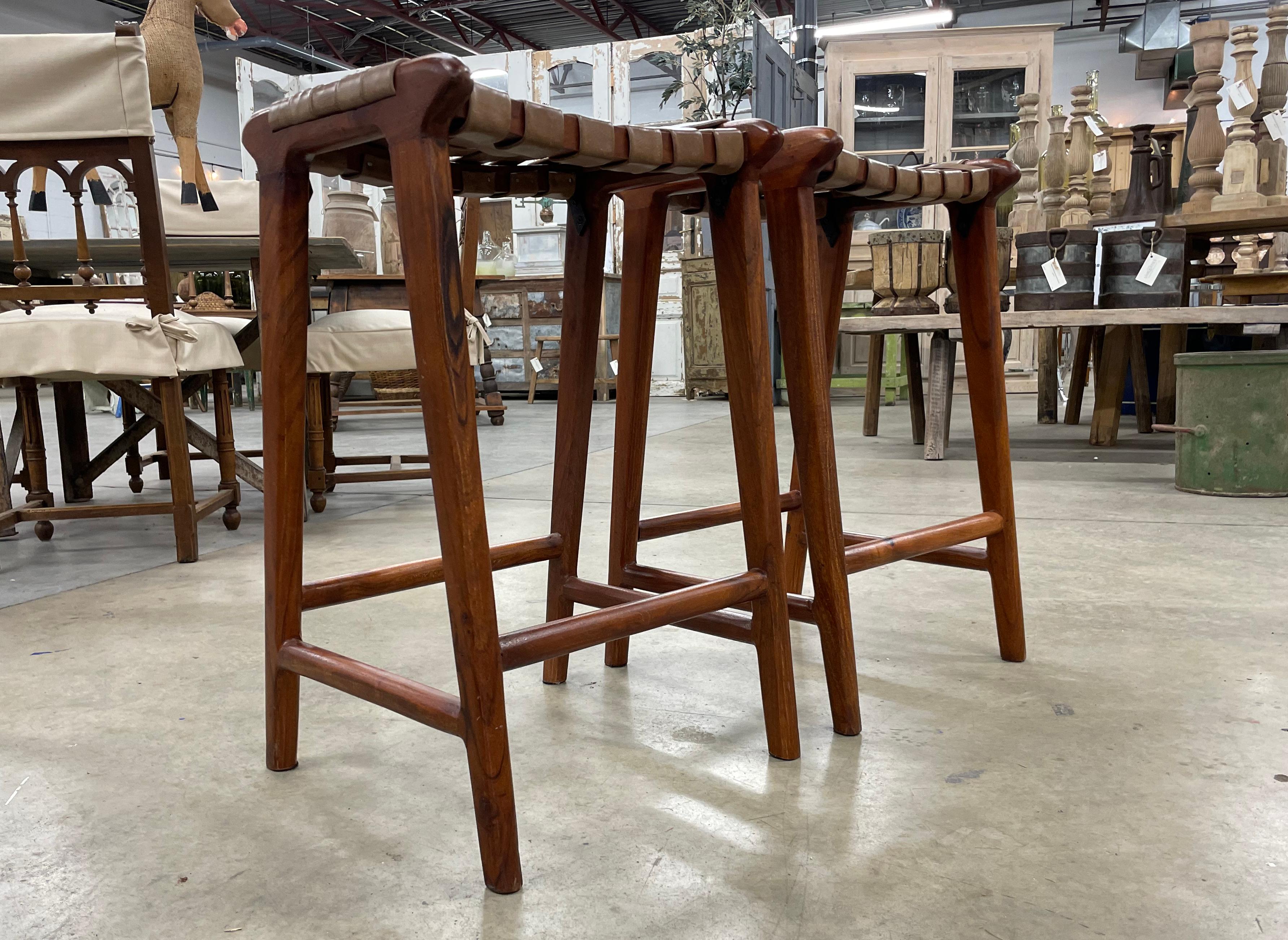 Contemporary Pair of Woven Leather Bar Stools
