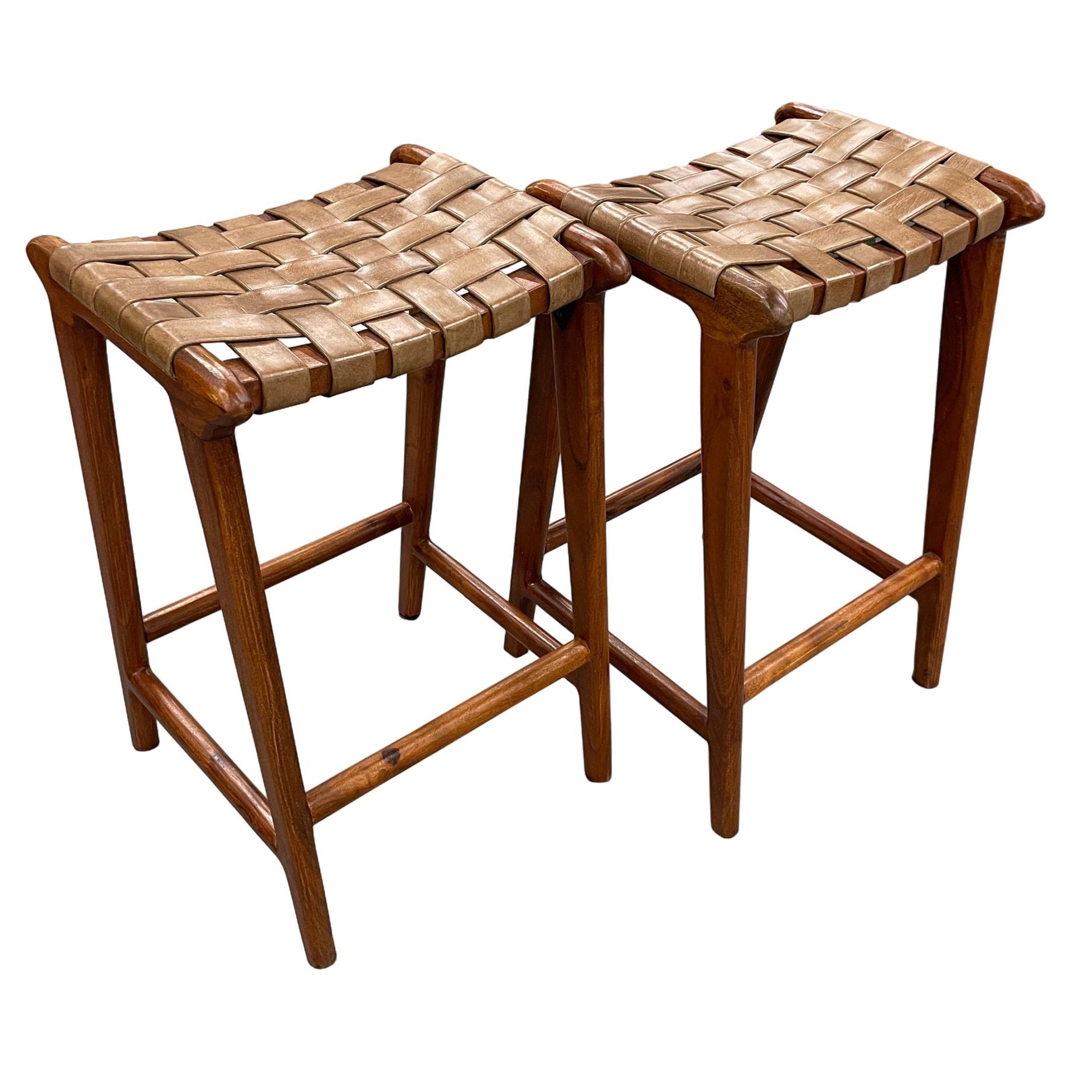 Pair of Woven Leather Bar Stools