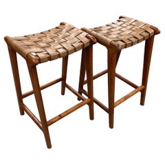 Pair of Woven Leather Bar Stools