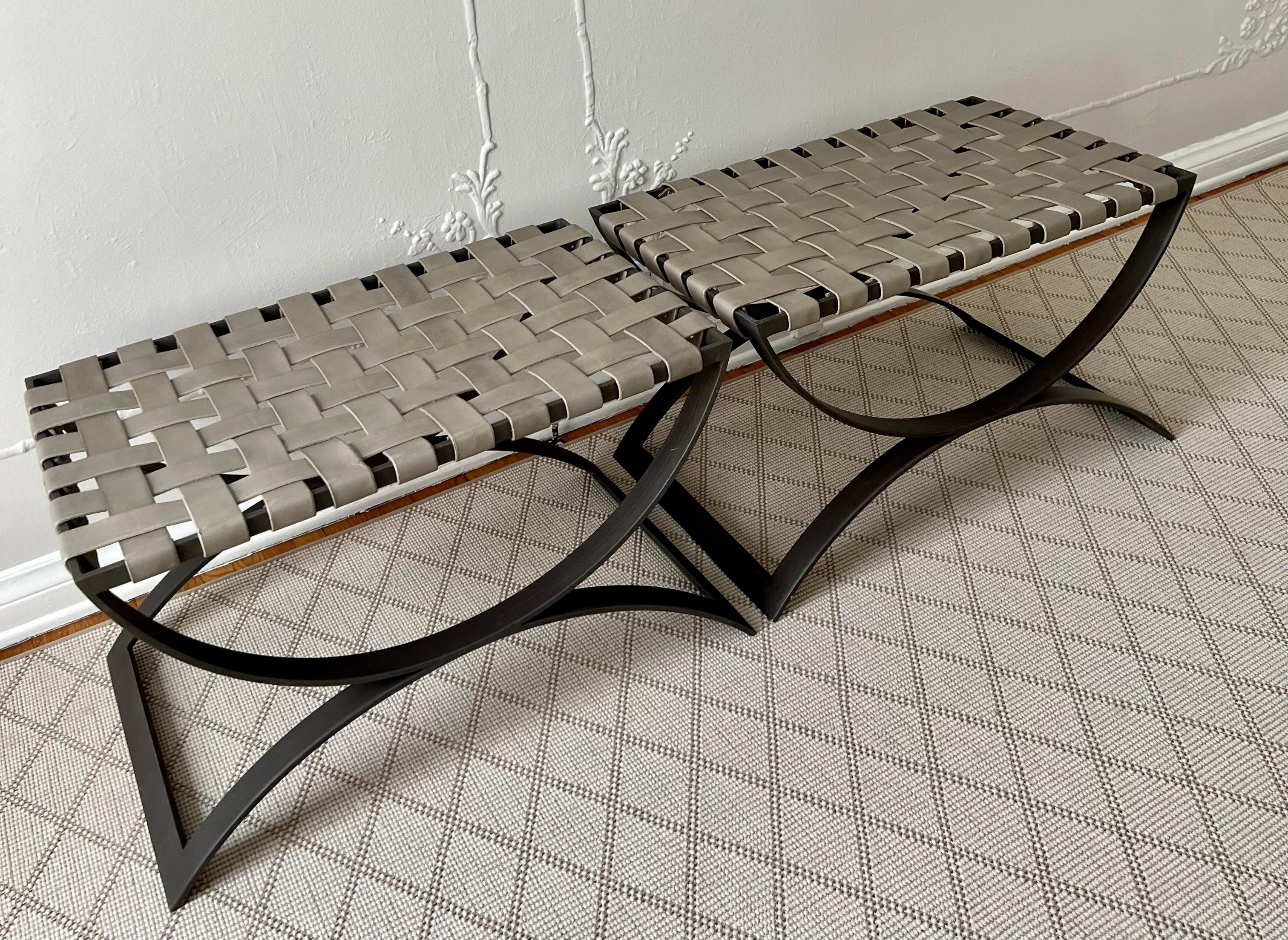 Pair of Modern Wrought Iron and Woven Taupe Leather Benches In Good Condition For Sale In Los Angeles, CA