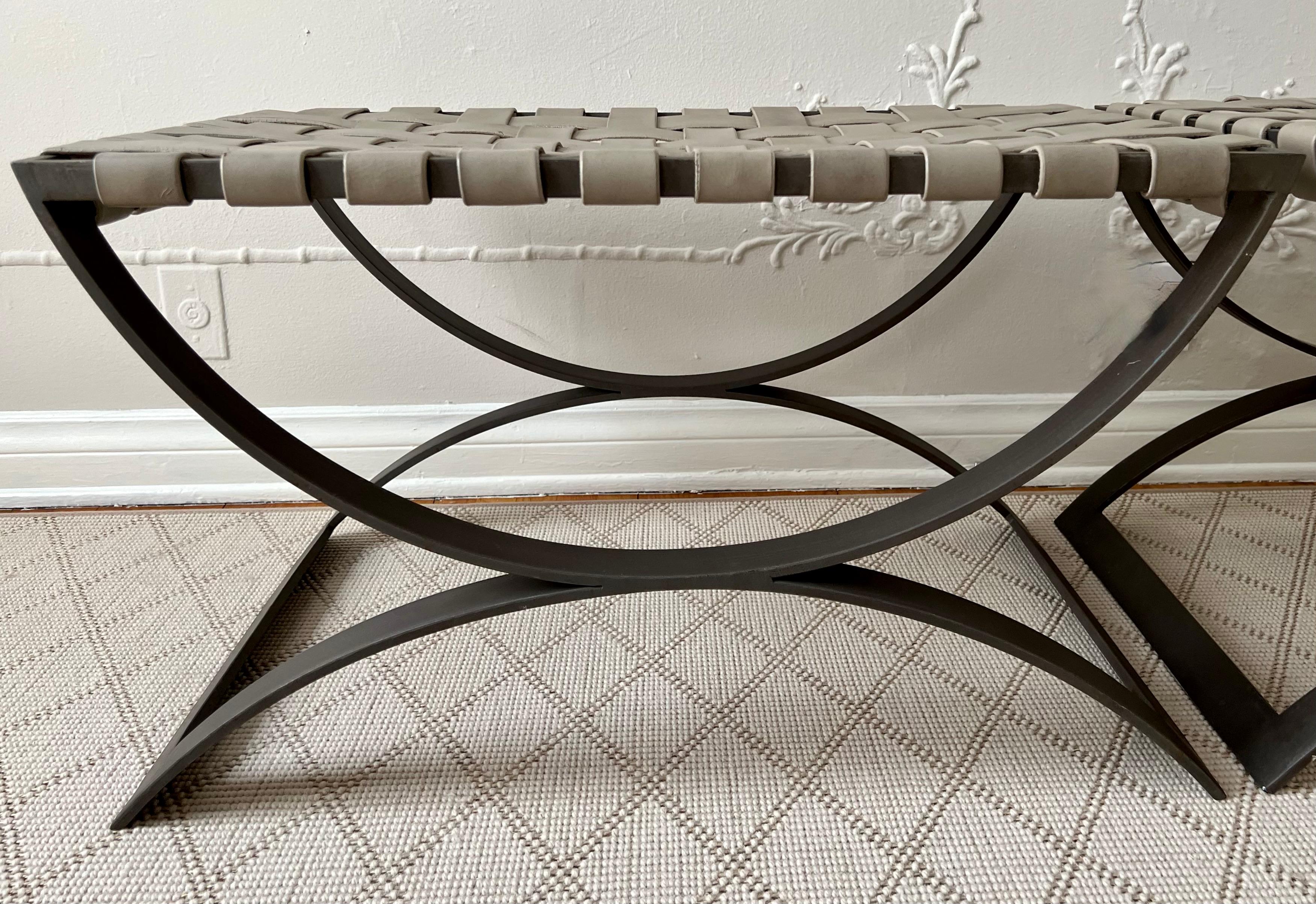 Metal Pair of Modern Wrought Iron and Woven Taupe Leather Benches For Sale
