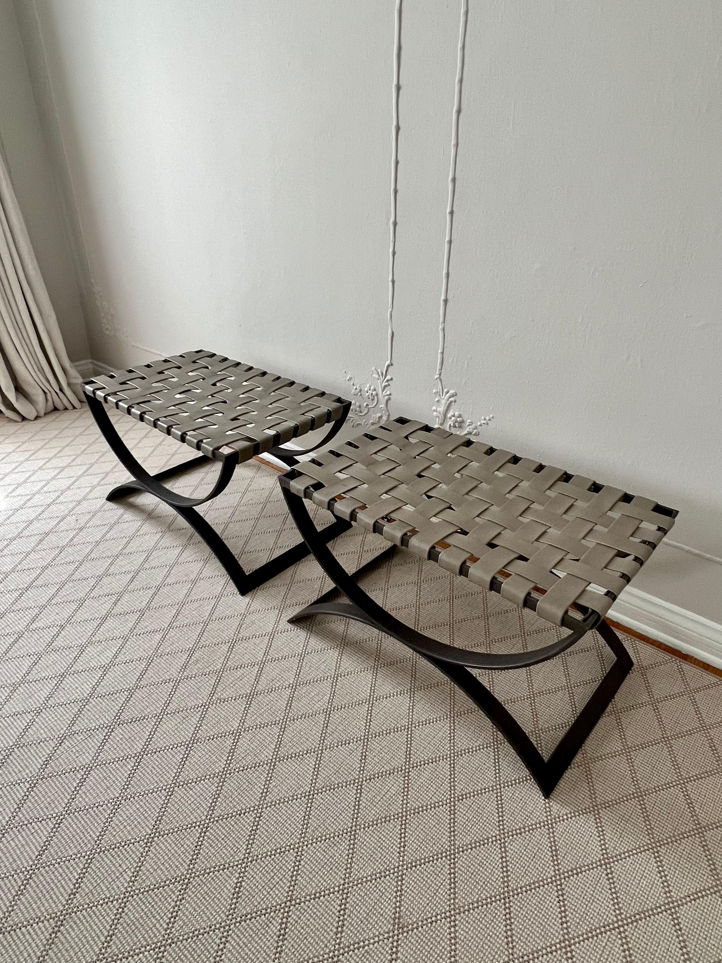Pair of Modern Wrought Iron and Woven Taupe Leather Benches For Sale 1