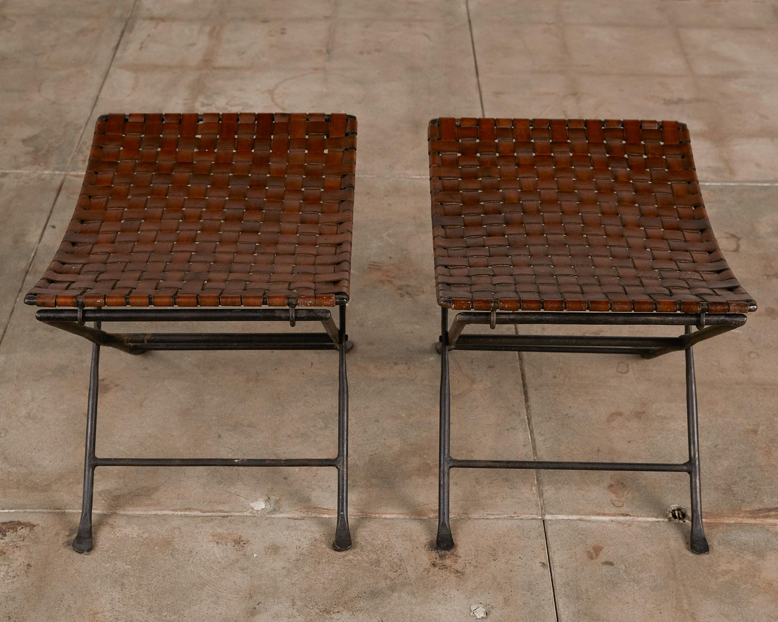 Pair of Woven Leather Folding Stools In Excellent Condition In Los Angeles, CA