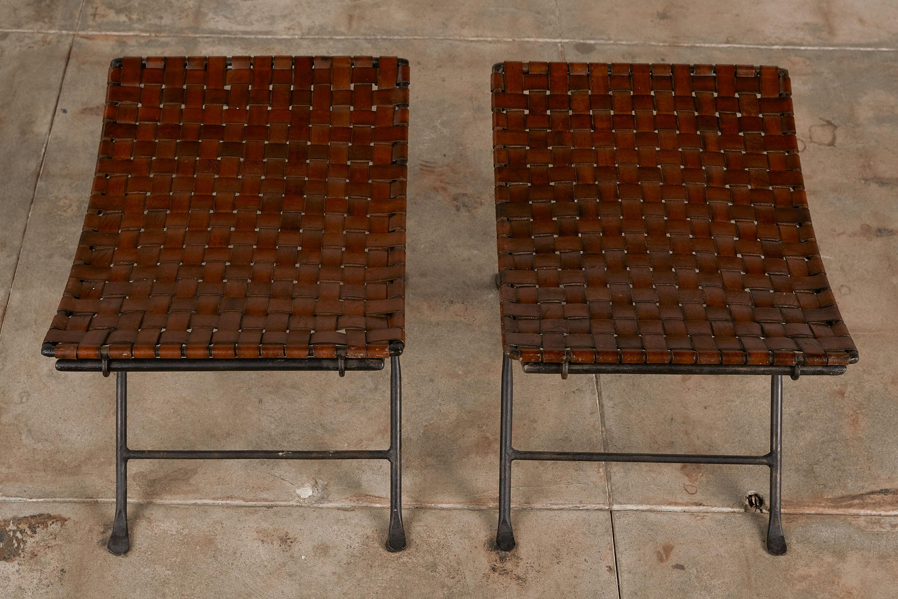 20th Century Pair of Woven Leather Folding Stools