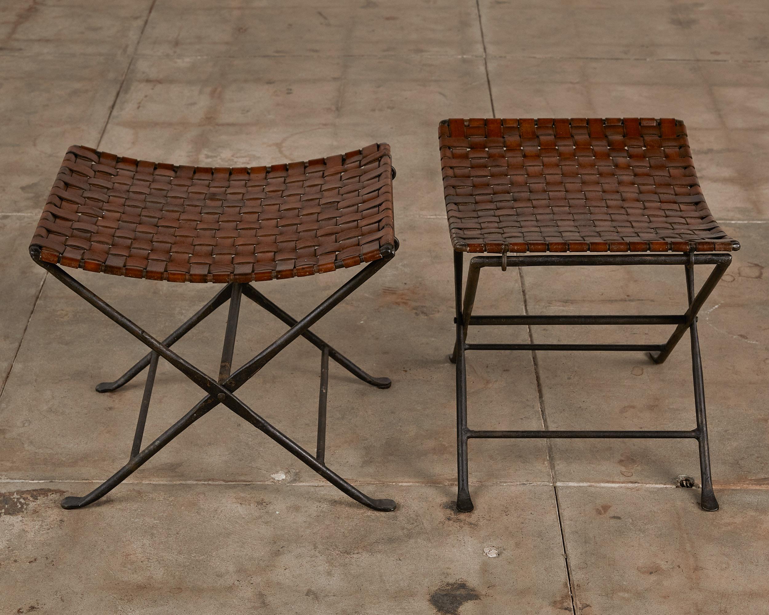 Metal Pair of Woven Leather Folding Stools