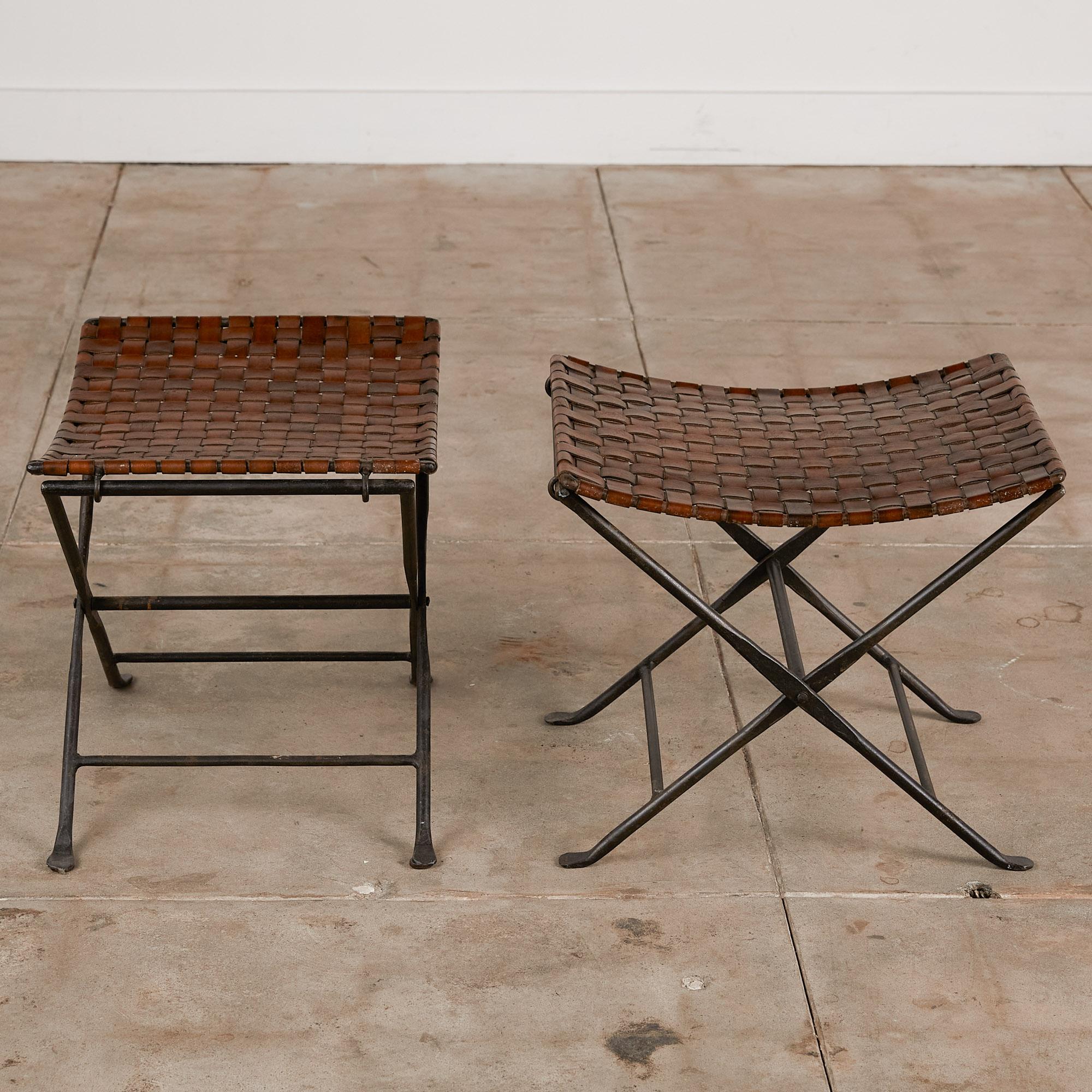 Pair of Woven Leather Folding Stools 1