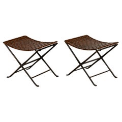 Pair of Woven Leather Folding Stools