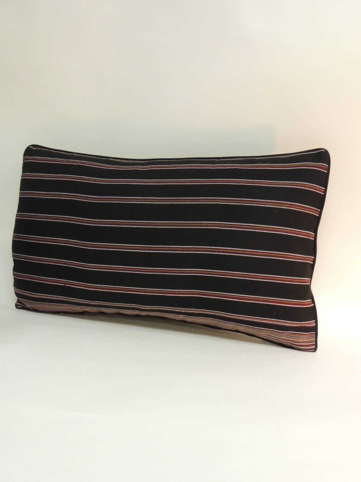 Pair of Woven Obi Red and Black Stripes Lumbar Decorative Pillows.
in shades of black and red stripes with a small cotton custom-made piping all around and  black linen backings. 
Decorative bolster pillows handcrafted and designed in the USA.
