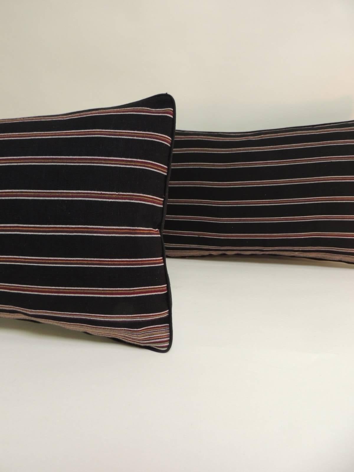 Japonisme Pair of Woven Obi Red and Black Stripes Lumbar Decorative Pillows