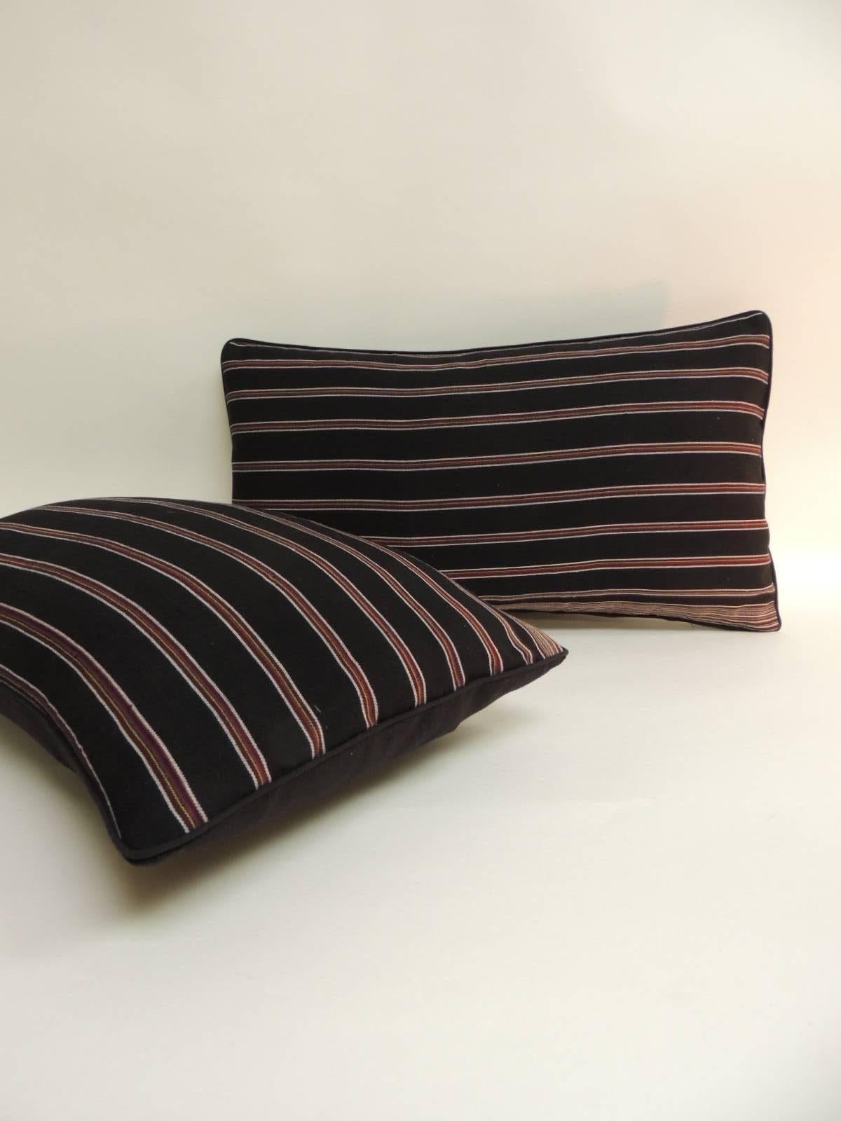 Hand-Crafted Pair of Woven Obi Red and Black Stripes Lumbar Decorative Pillows