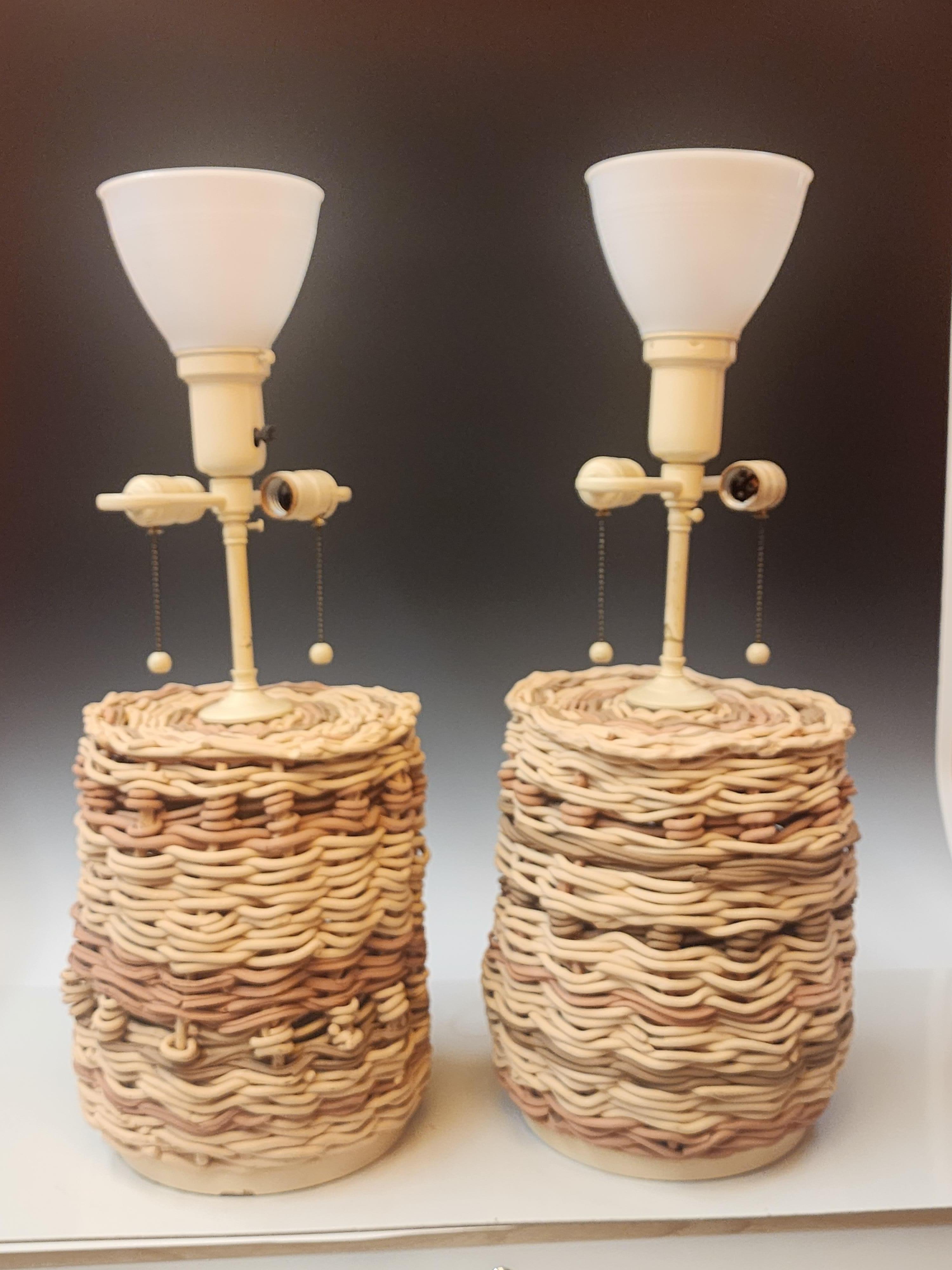Mid-Century Modern Pair of Woven Pottery Lamps Attributed to Samuel Marx  For Sale