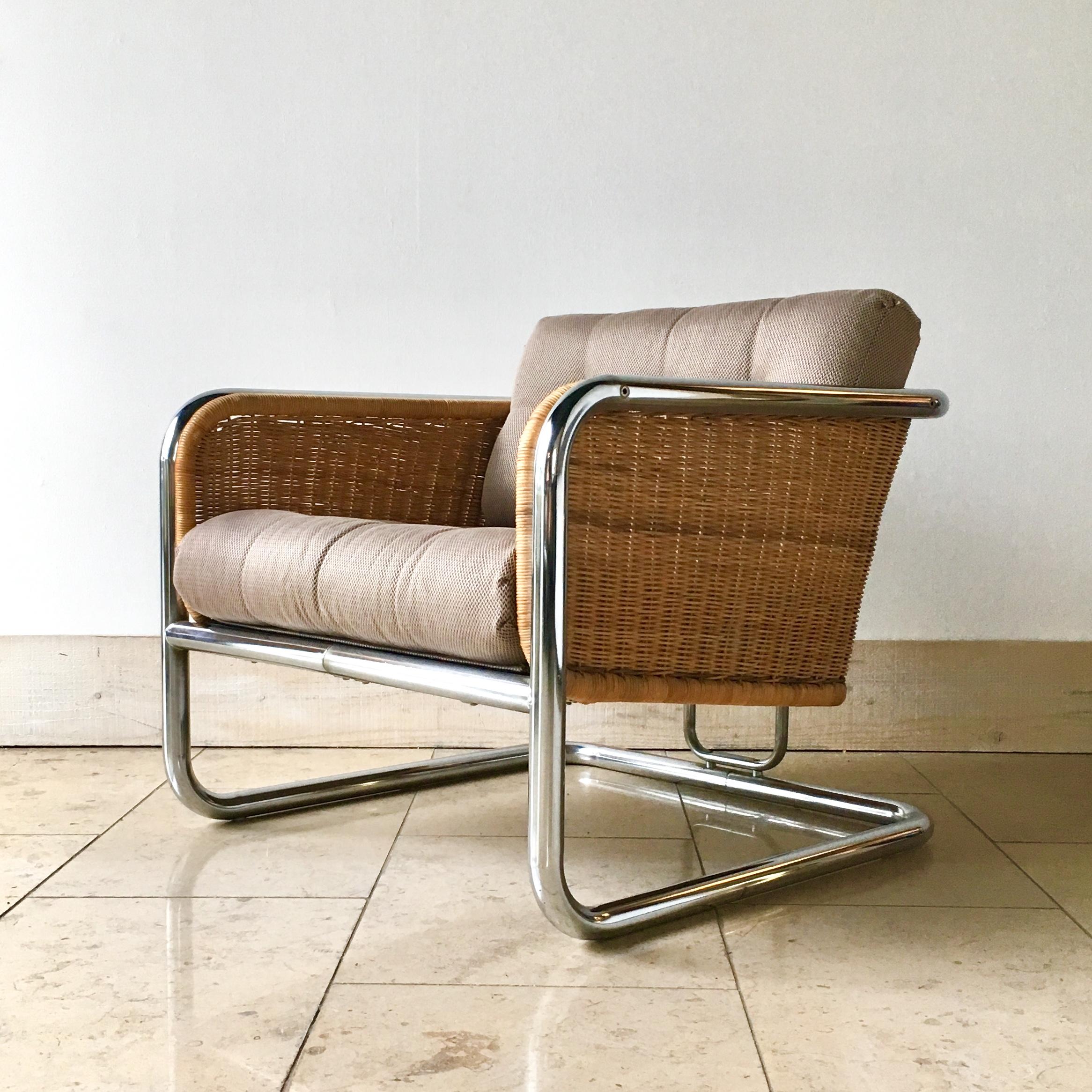 Pair of Woven Rattan and Chrome Framed Armchairs 1960s For Sale 1