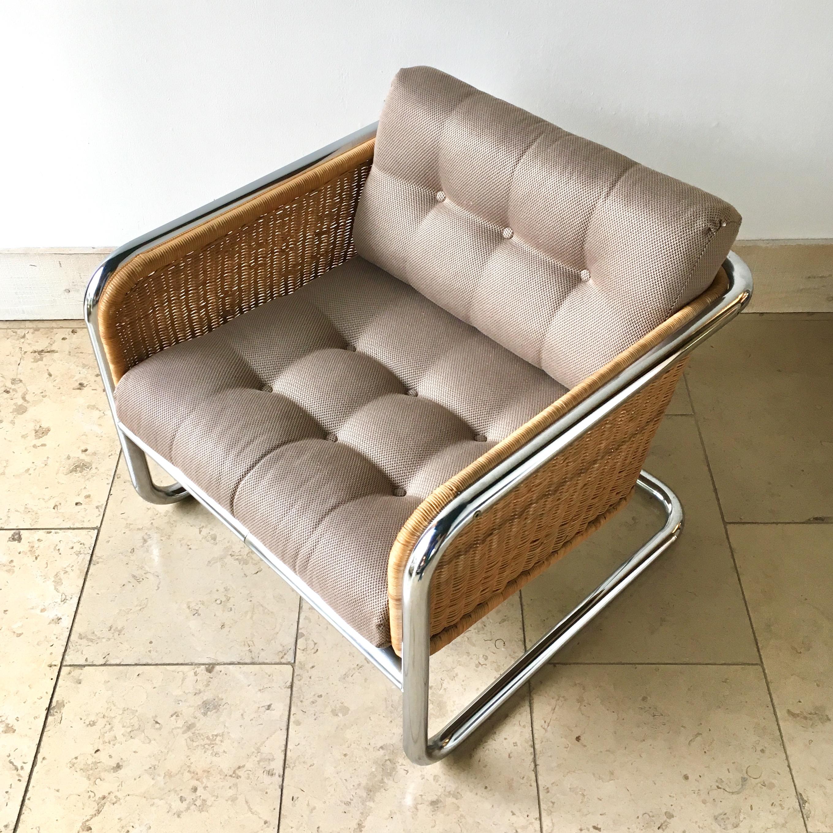 Pair of Woven Rattan and Chrome Framed Armchairs 1960s For Sale 2