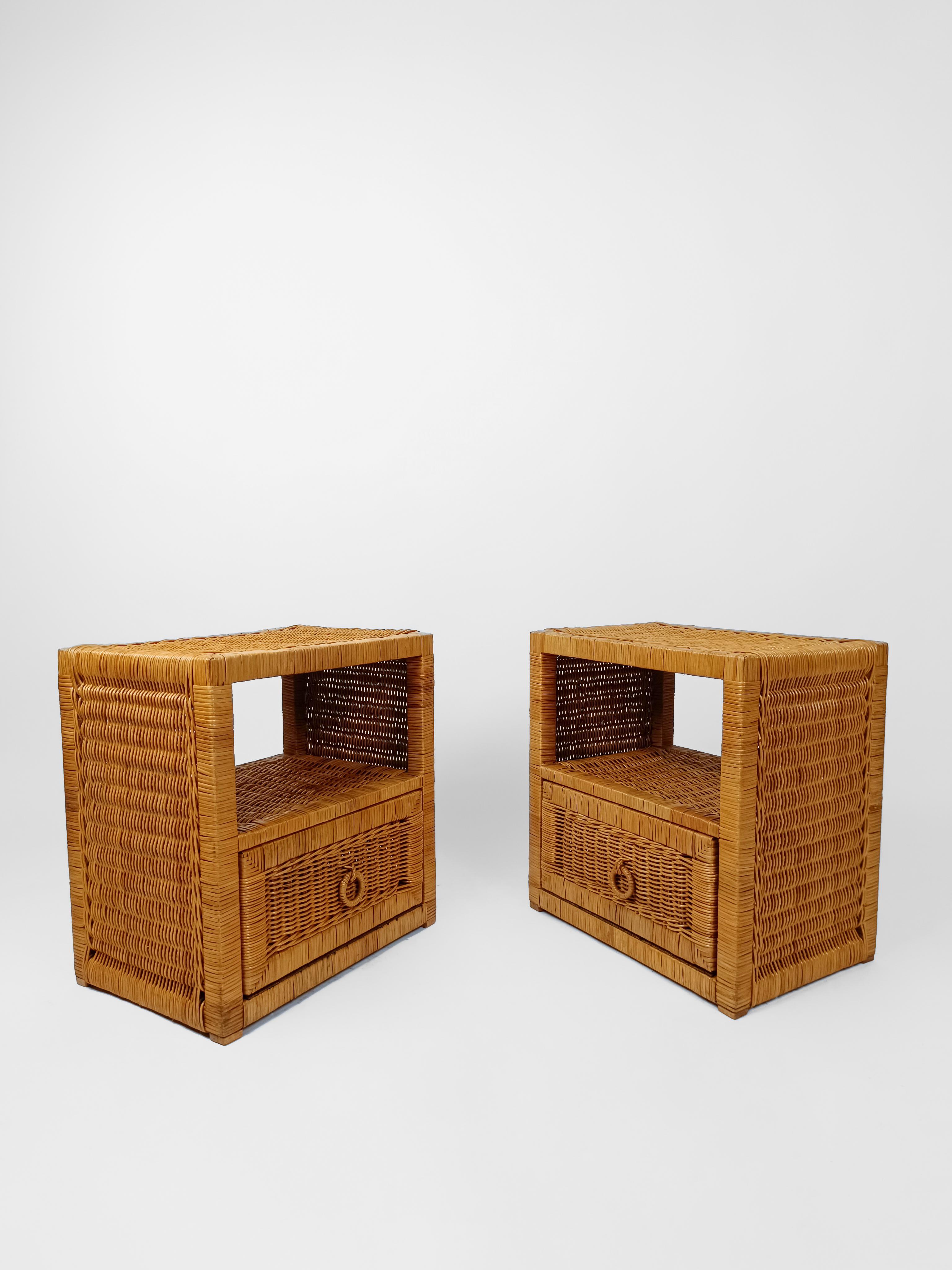 Pair of Woven Rattan and Wicker Nightstands / Bedside Tables, Italy 1970s 9