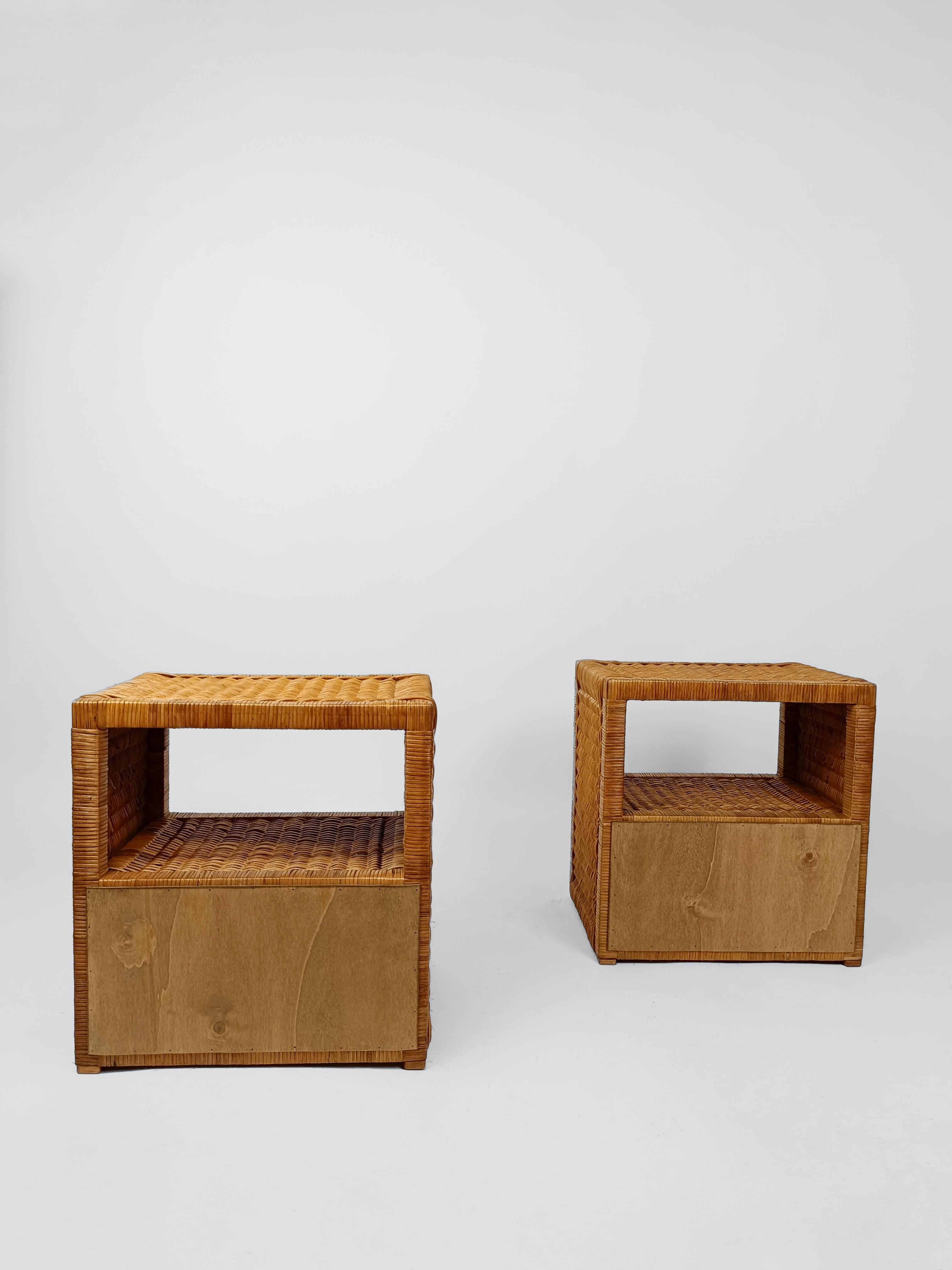 Pair of Woven Rattan and Wicker Nightstands / Bedside Tables, Italy 1970s 12