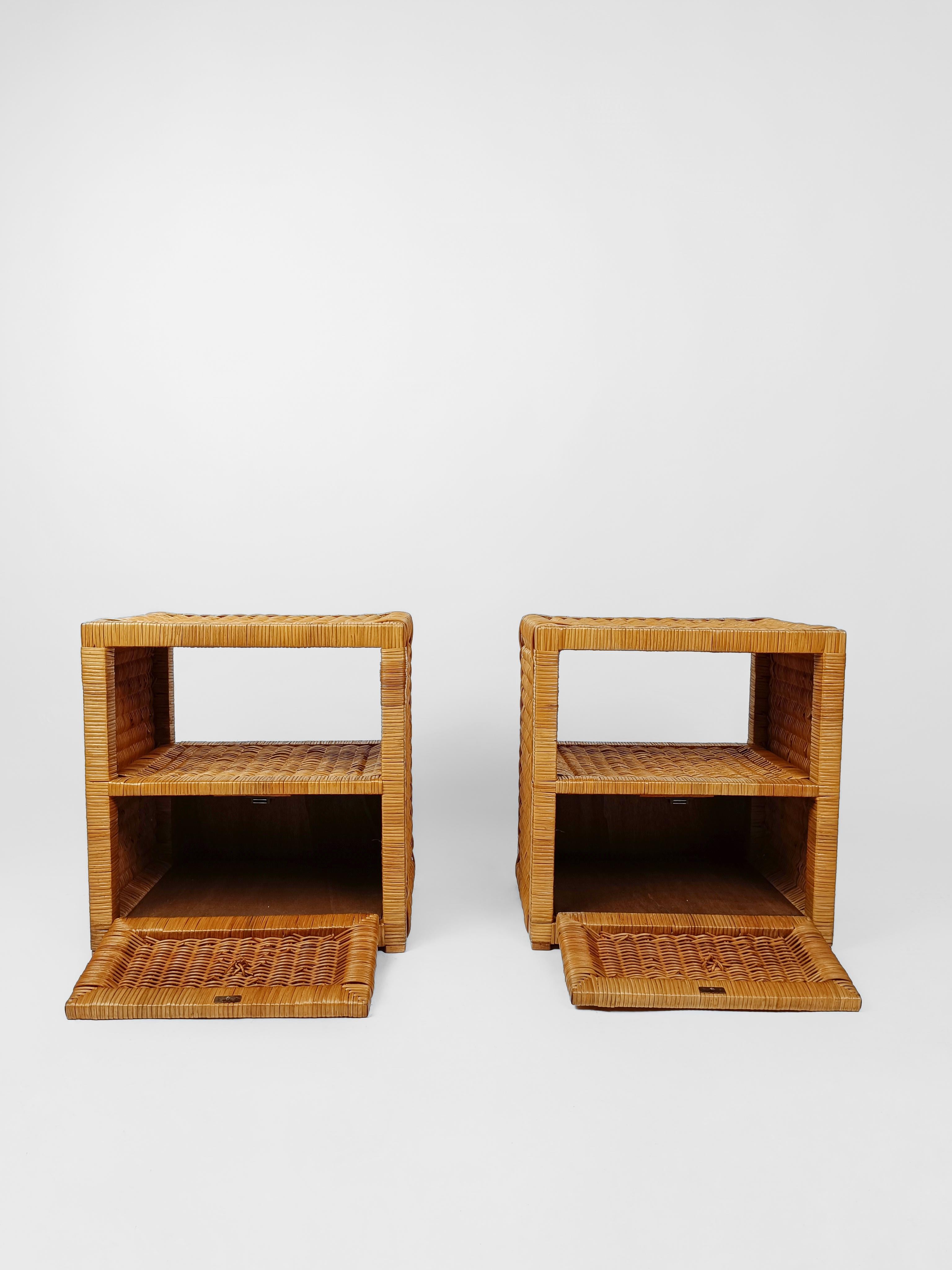 Pair of Woven Rattan and Wicker Nightstands / Bedside Tables, Italy 1970s 1