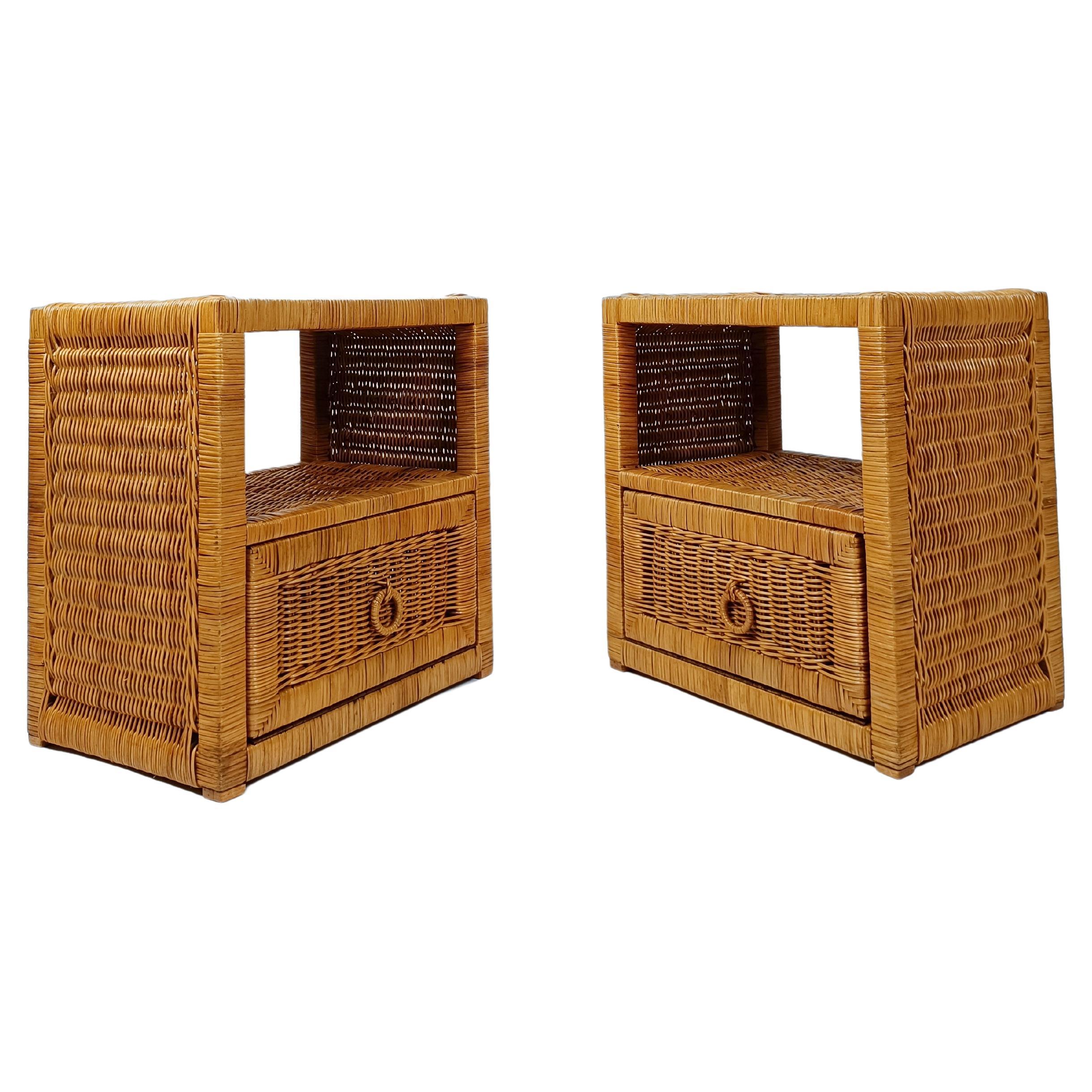 Pair of Woven Rattan and Wicker Nightstands / Bedside Tables, Italy 1970s