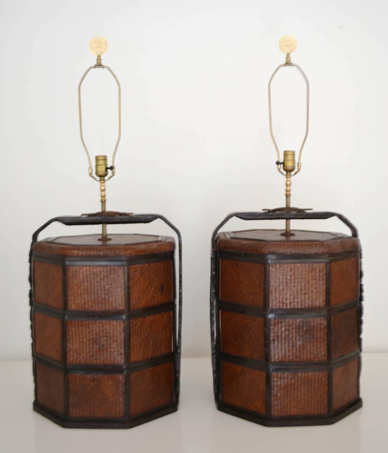 Anglo-Indian Pair of Woven Rattan Basket Tables Lamps