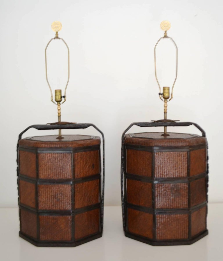 Pair of Woven Rattan Basket Tables Lamps at 1stDibs
