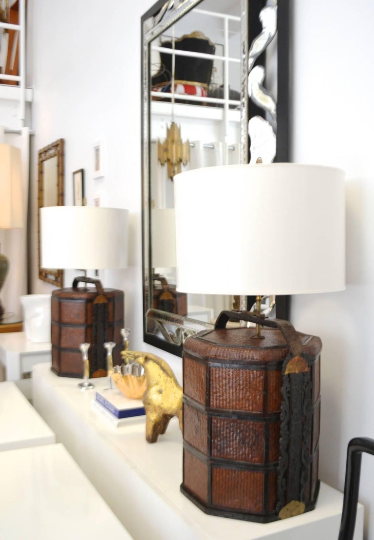 Pair of Woven Rattan Basket Tables Lamps at 1stDibs