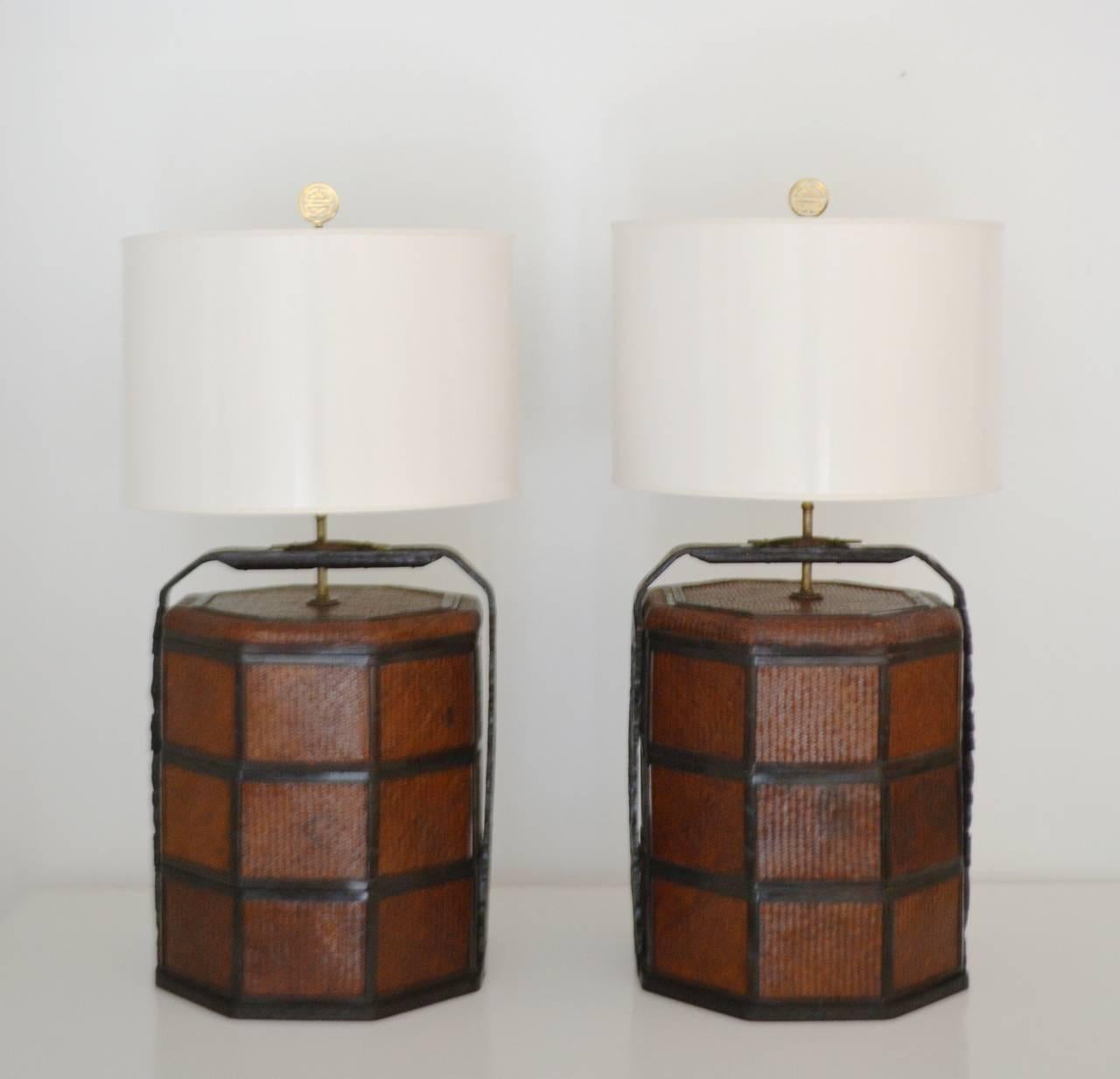 Pair of Woven Rattan Basket Tables Lamps 2