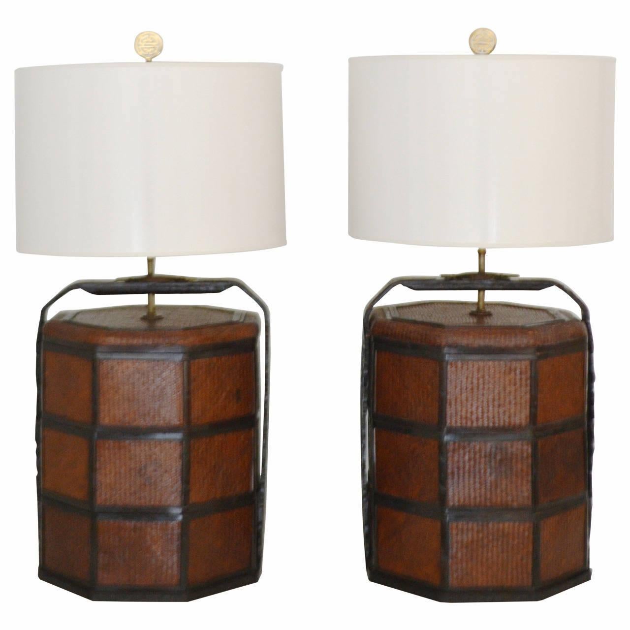 Pair of Woven Rattan Basket Tables Lamps