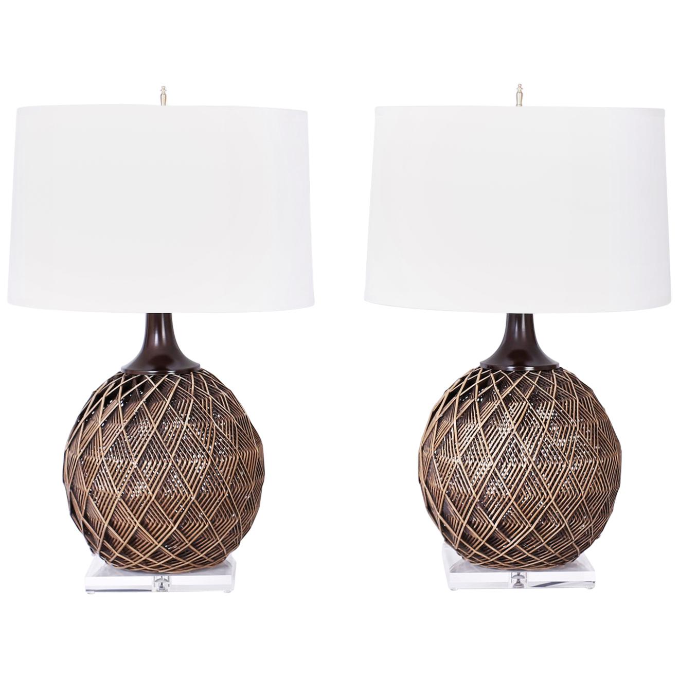 Pair of Woven Rattan or Reed Table Lamps
