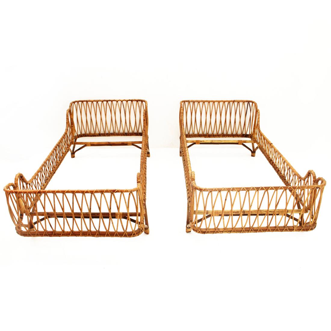 Italian Pair of woven rattan single beds, 1950s