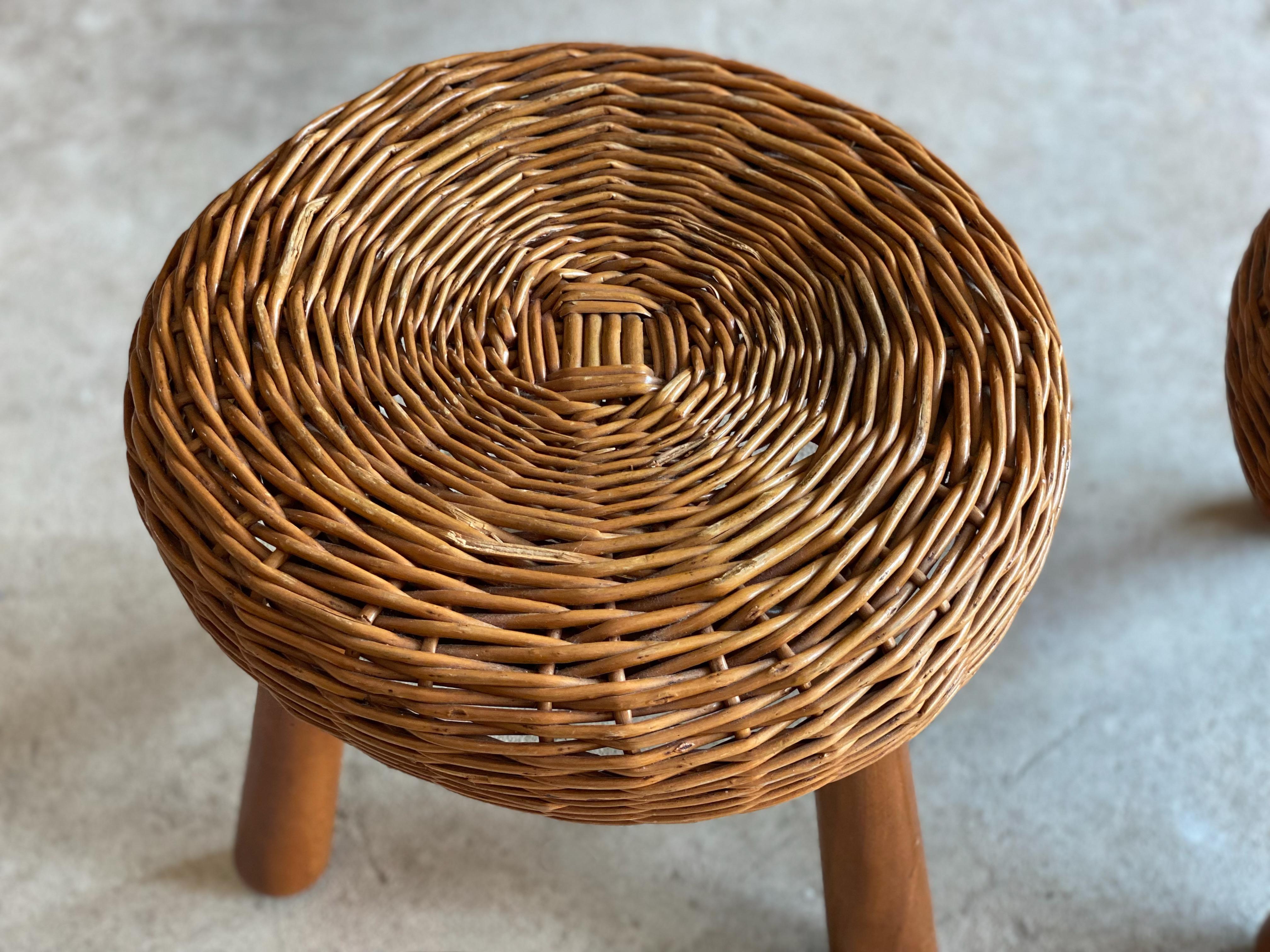 American Pair of Woven Rattan Stools Attributed to Tony Paul