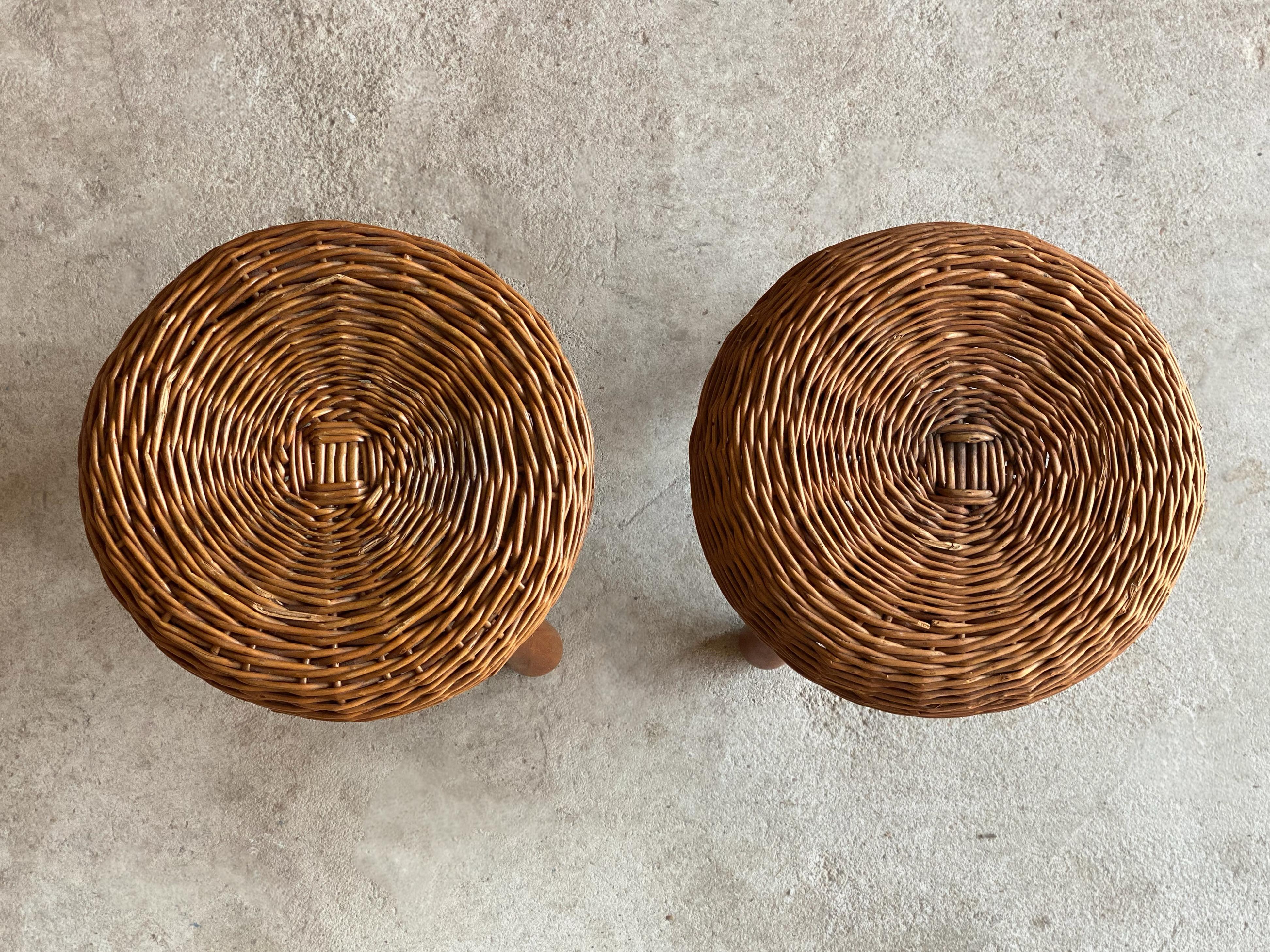 Carved Pair of Woven Rattan Stools Attributed to Tony Paul