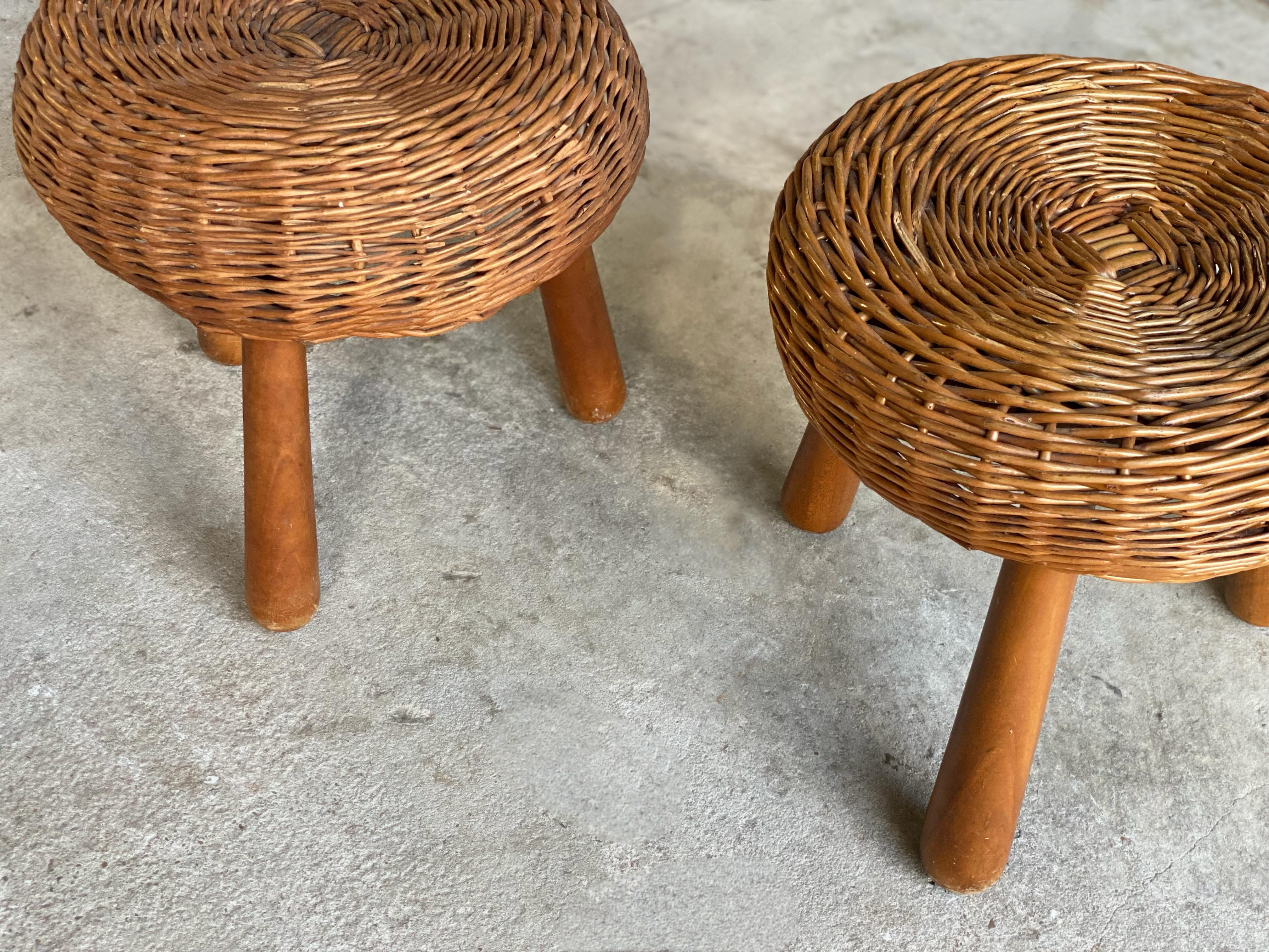 Mid-20th Century Pair of Woven Rattan Stools Attributed to Tony Paul