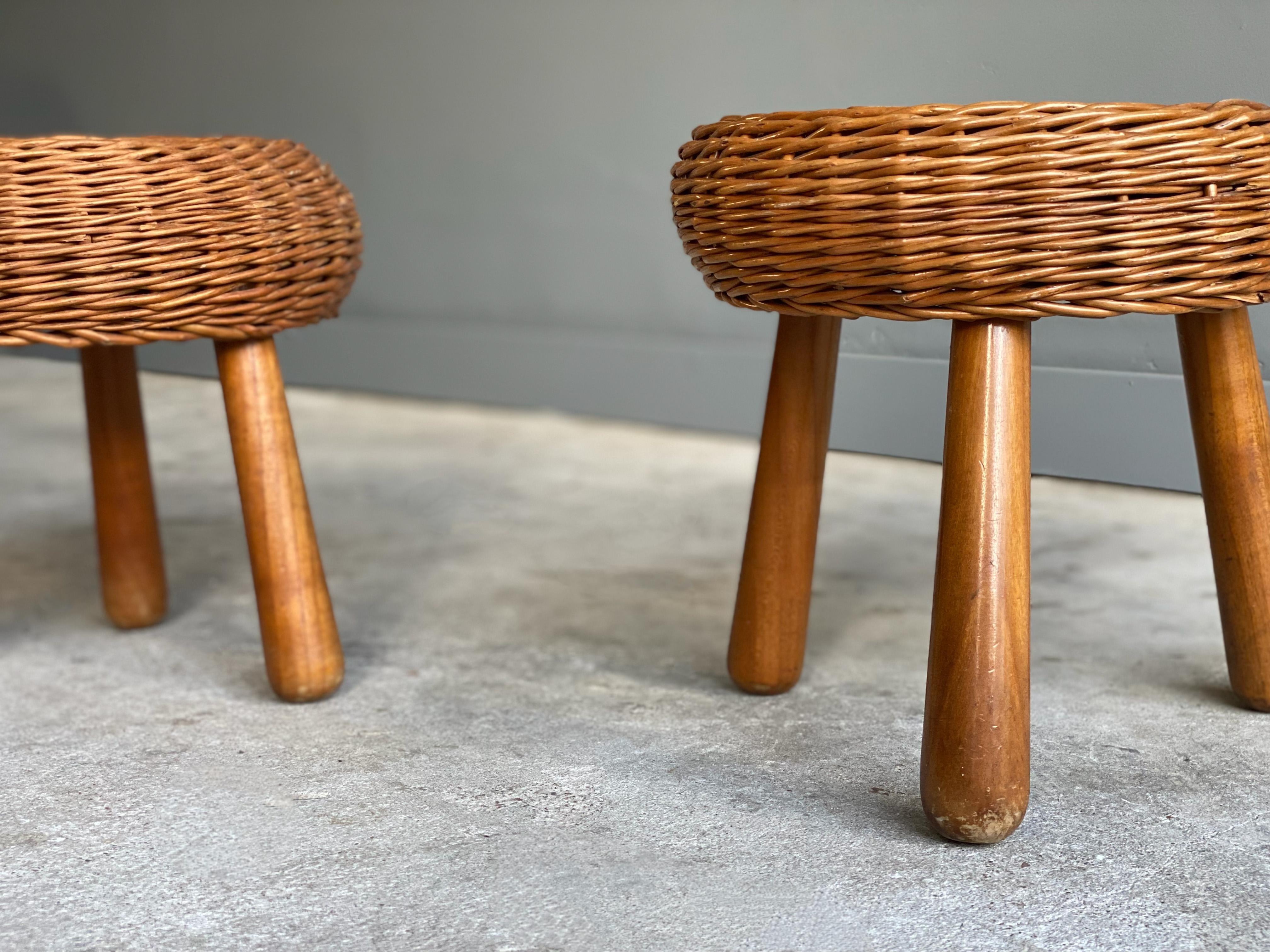 Wicker Pair of Woven Rattan Stools Attributed to Tony Paul