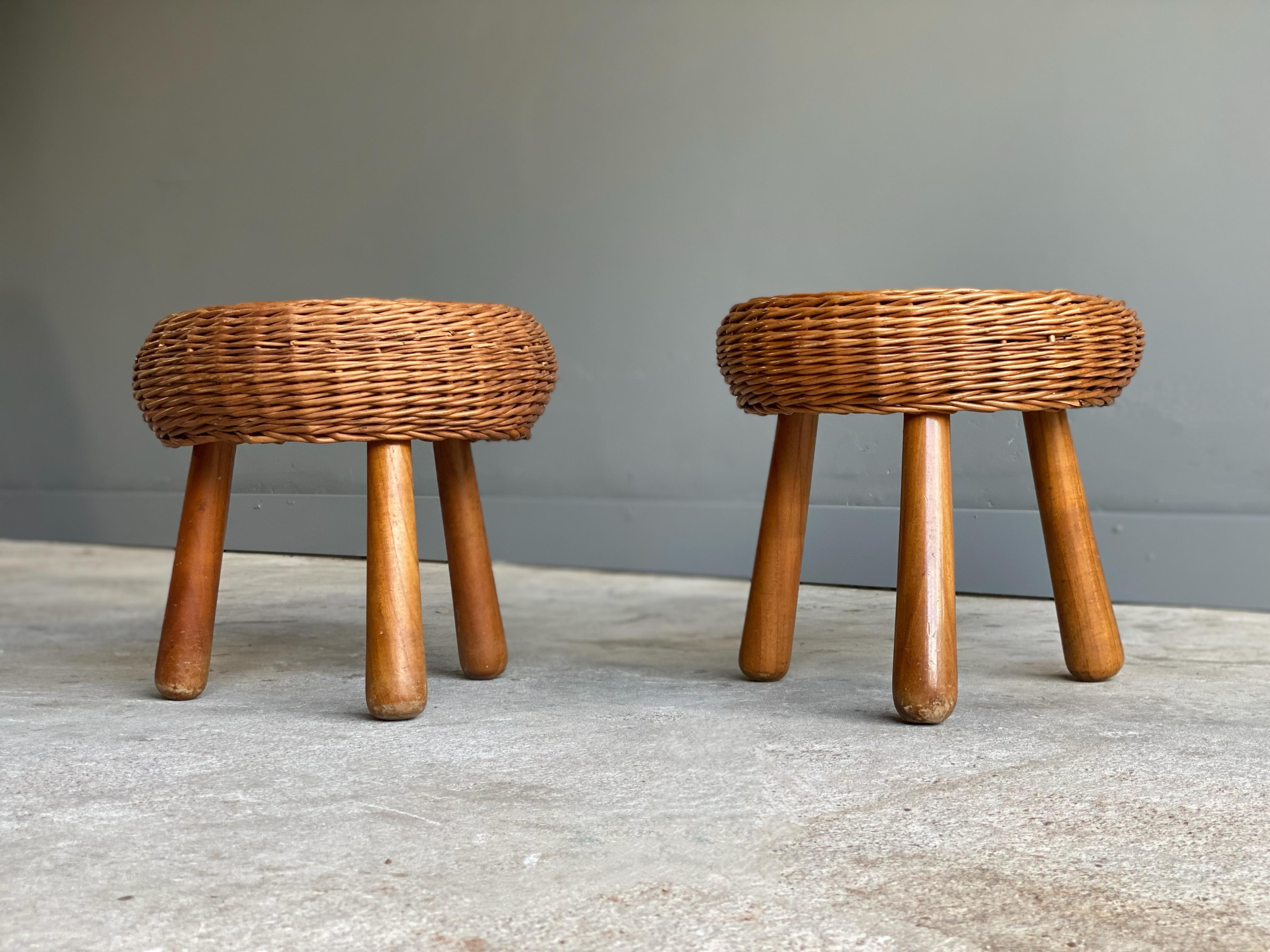 Pair of Woven Rattan Stools Attributed to Tony Paul 1