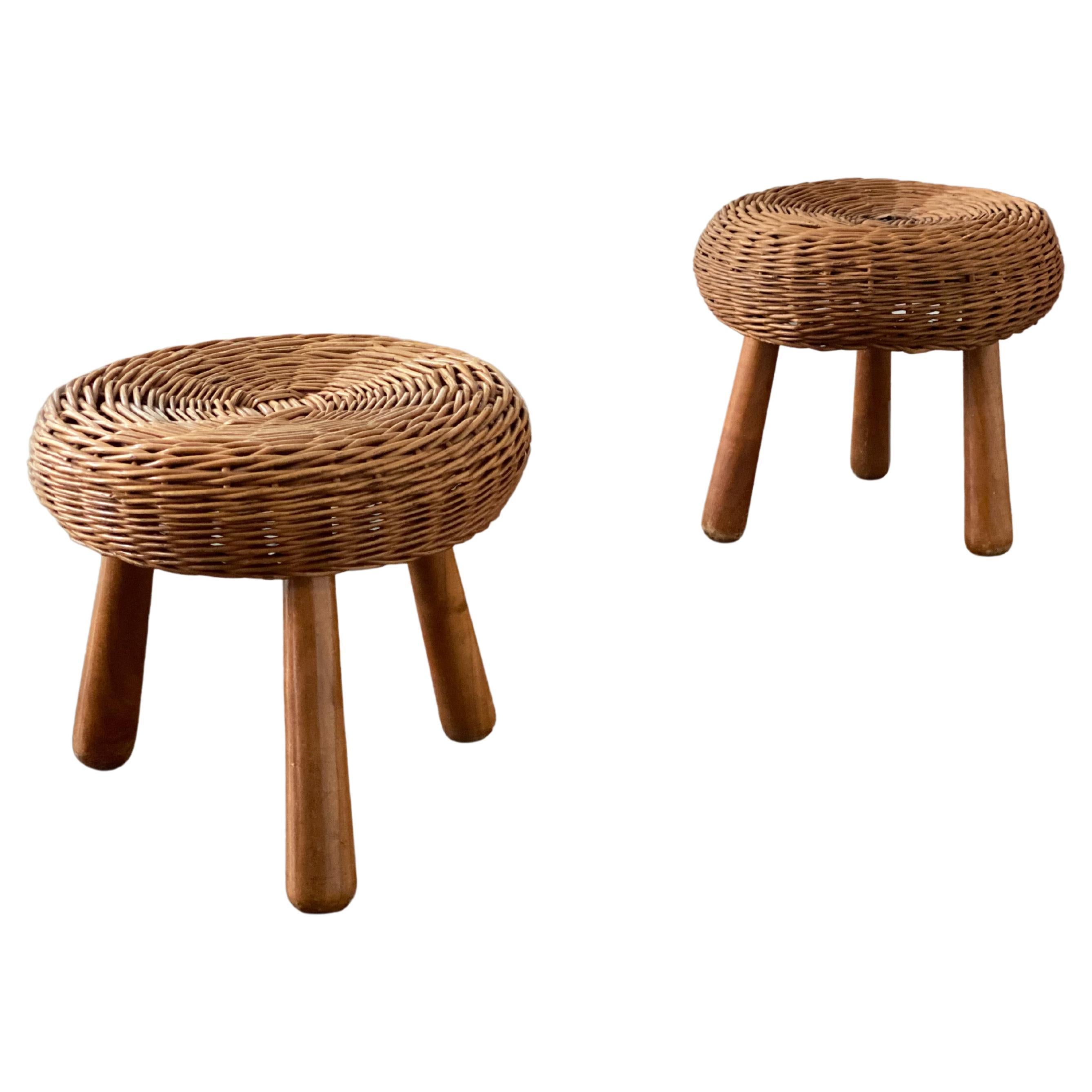 Pair of Woven Rattan Stools Attributed to Tony Paul