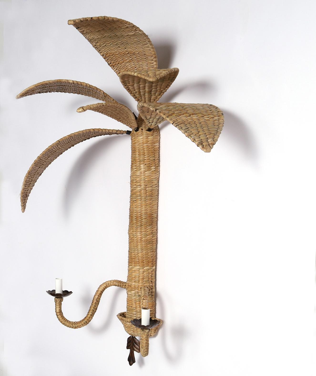 Mid-Century Modern Pair of Woven Reed Palm Tree Wall Sconces from the F S Flores Collection