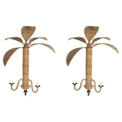 Pair of Woven Reed Palm Tree Wall Sconces from the F S Flores Collection