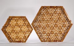 Pair of Woven Tortoiseshell Split Bamboo Baskets Trays, Vintage