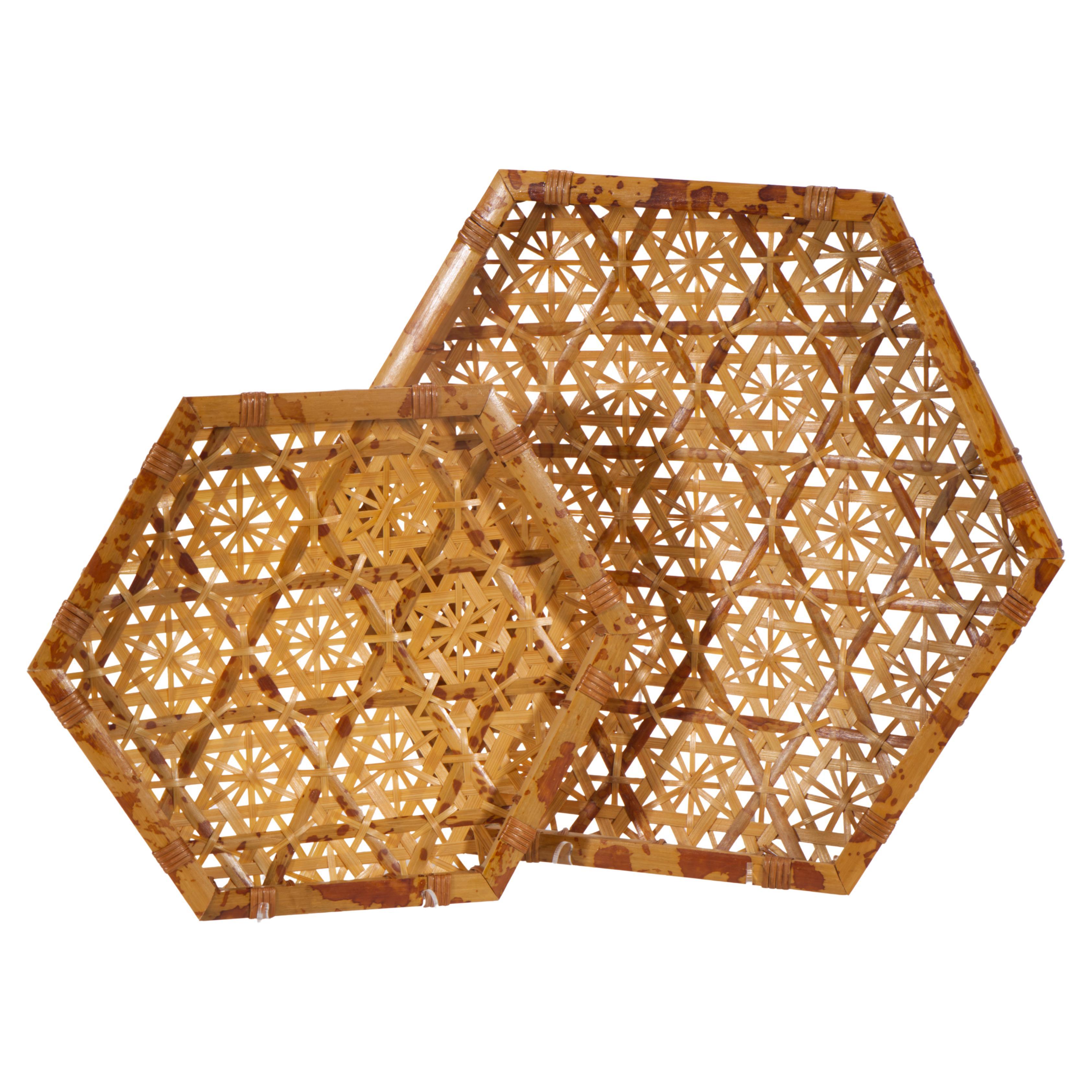 Paar gewebte Schildpatt-Bambuskörbe, Vintage