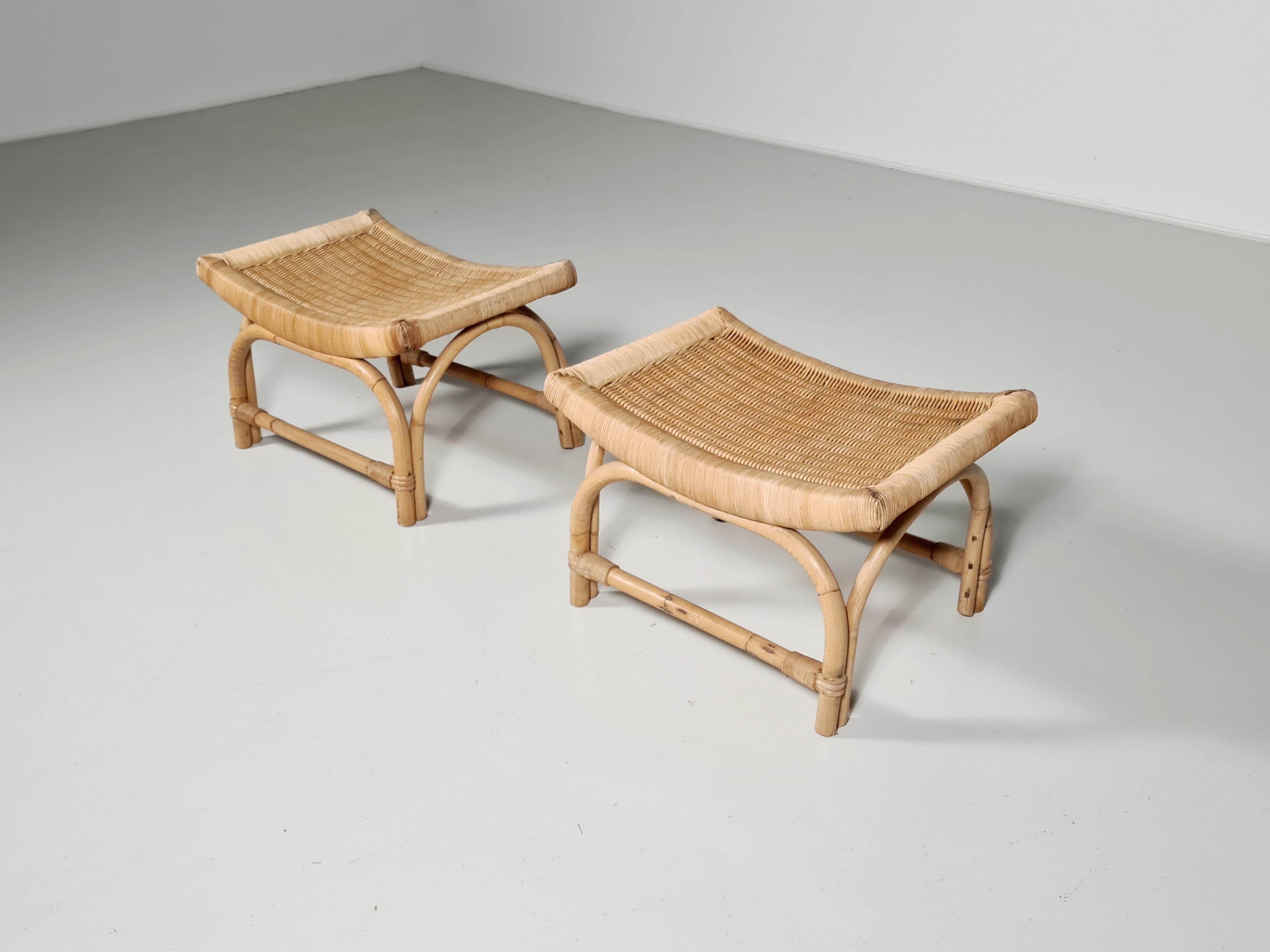 Mid-Century Modern Pair of Woven Wicker and Bamboo Stools/Benches, France, 1960s