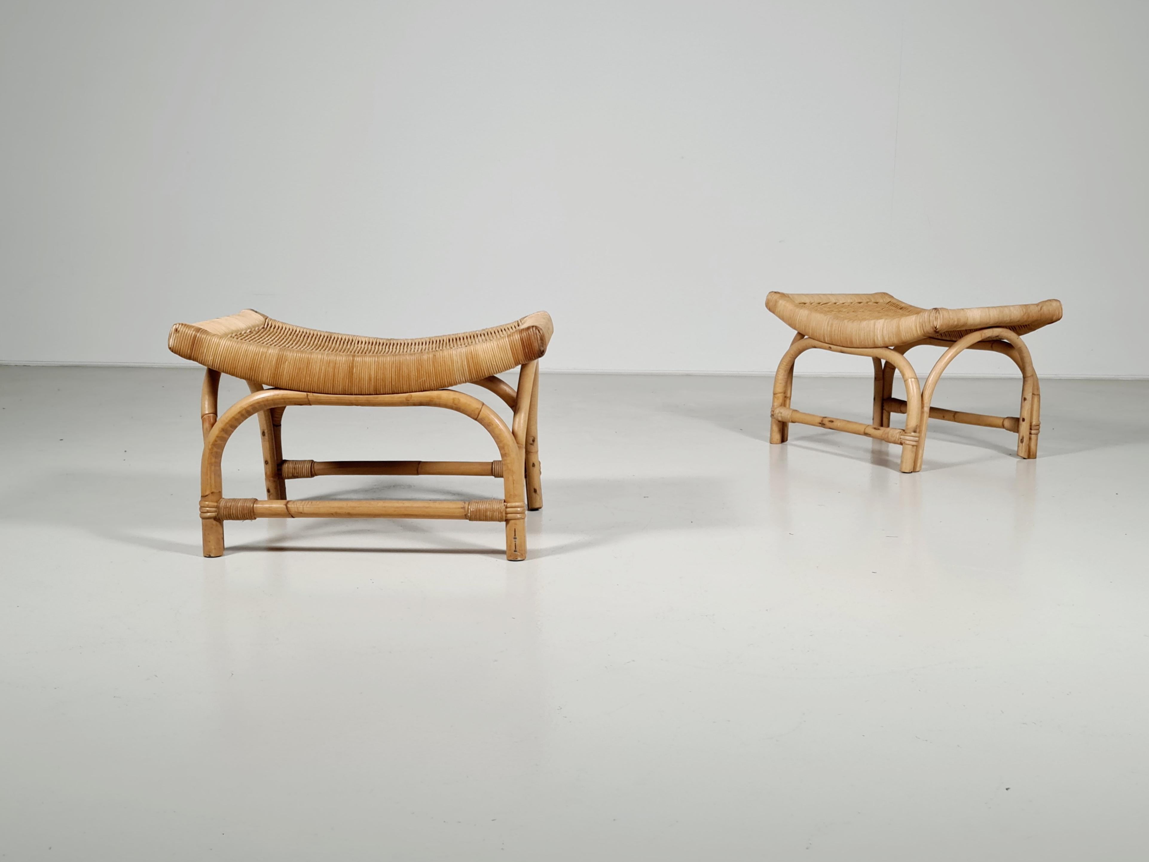European Pair of Woven Wicker and Bamboo Stools/Benches, France, 1960s