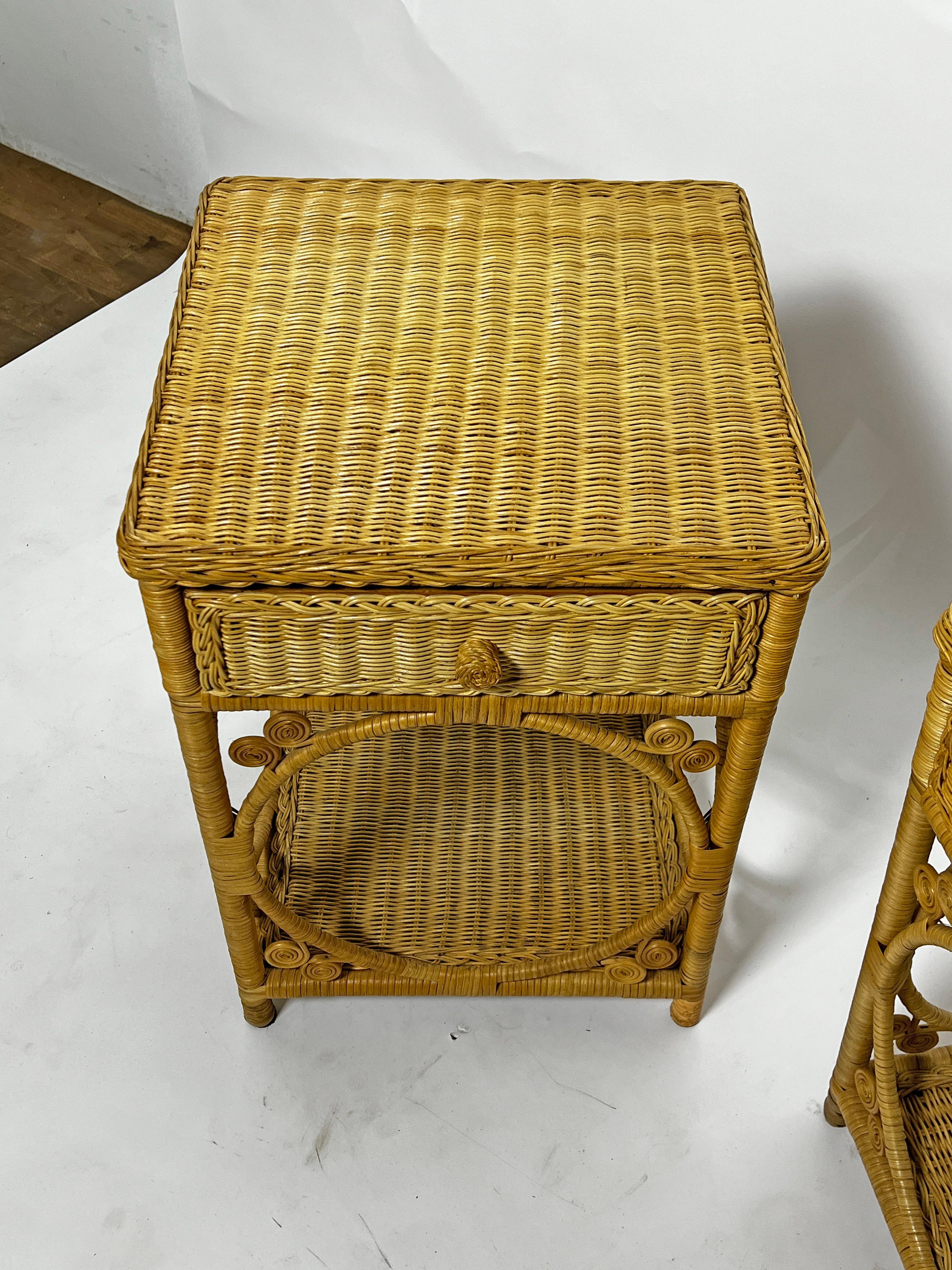 American Pair of Woven Wicker Night Stands Ca. 1970s