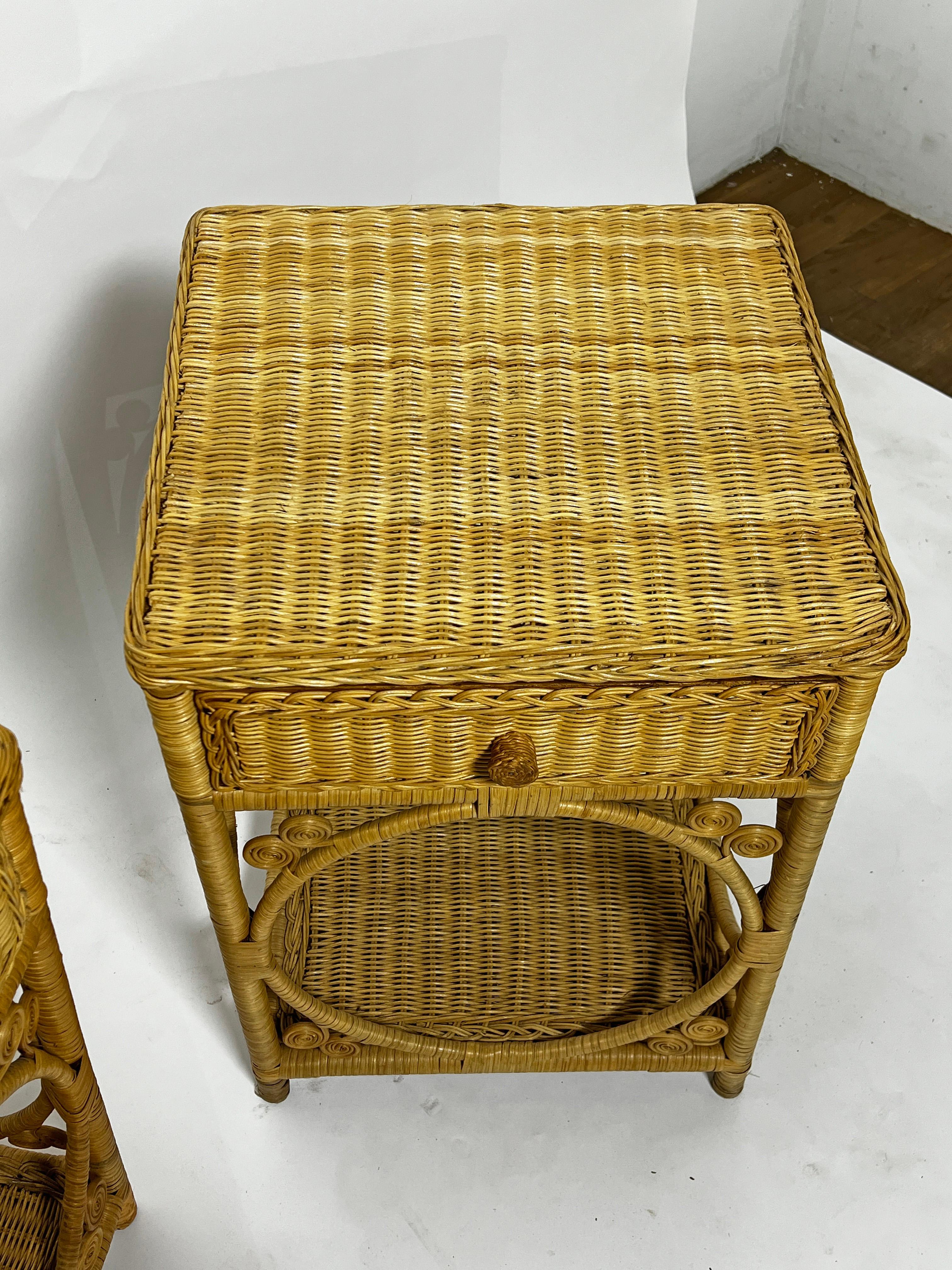 Pair of Woven Wicker Night Stands Ca. 1970s In Good Condition In Peabody, MA
