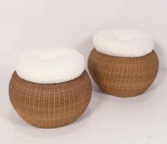 Pair of Woven Wicker Stools attributed to Isamu Kenmochi New Bouce Cushions